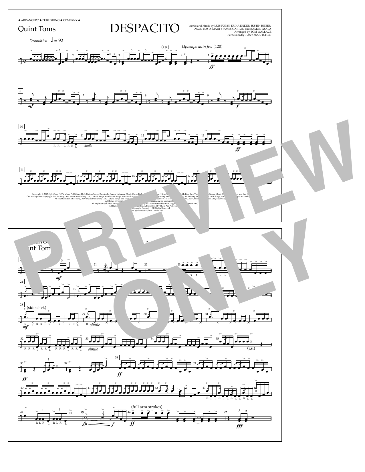 Luis Fonsi & Daddy Yankee feat. Justin Bieber Despacito (arr. Tom Wallace) - Quint-Toms sheet music notes and chords arranged for Marching Band