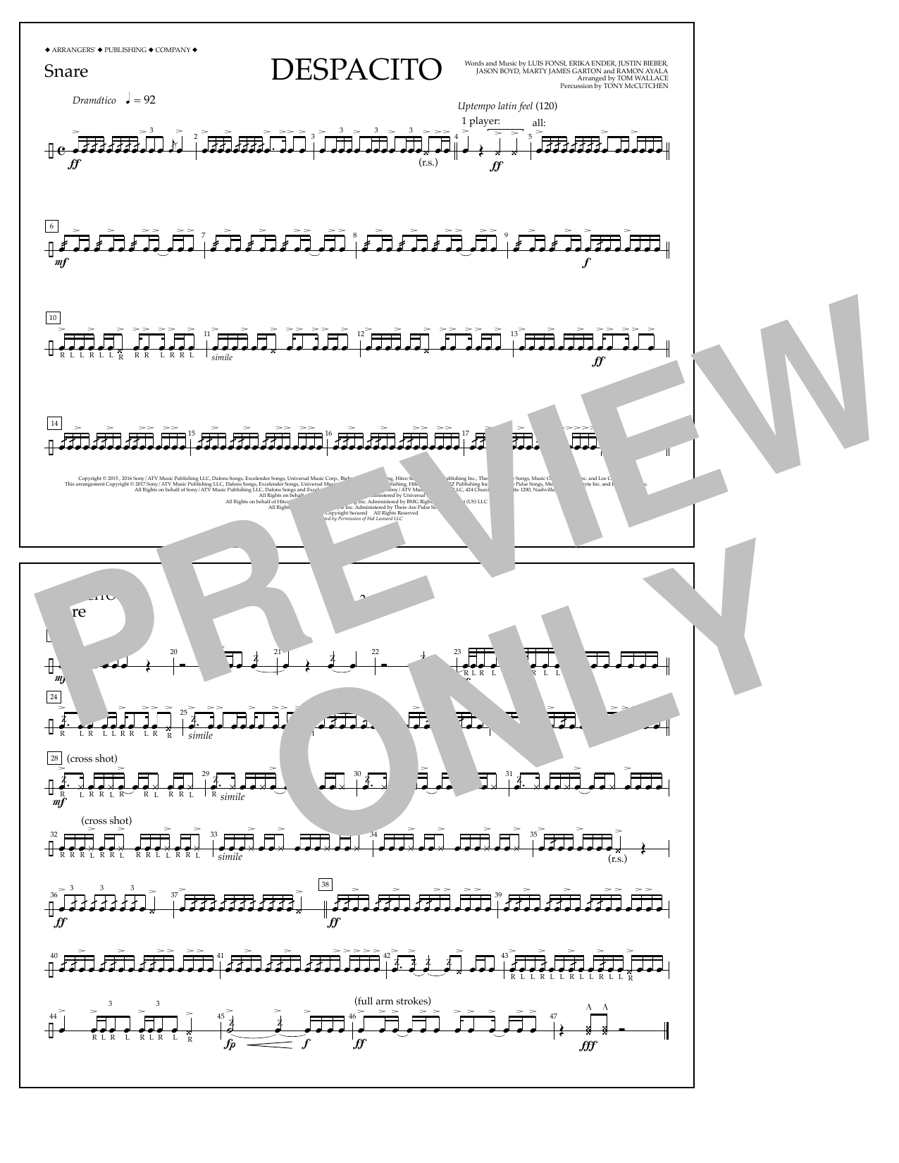 Luis Fonsi & Daddy Yankee feat. Justin Bieber Despacito (arr. Tom Wallace) - Snare sheet music notes and chords arranged for Marching Band