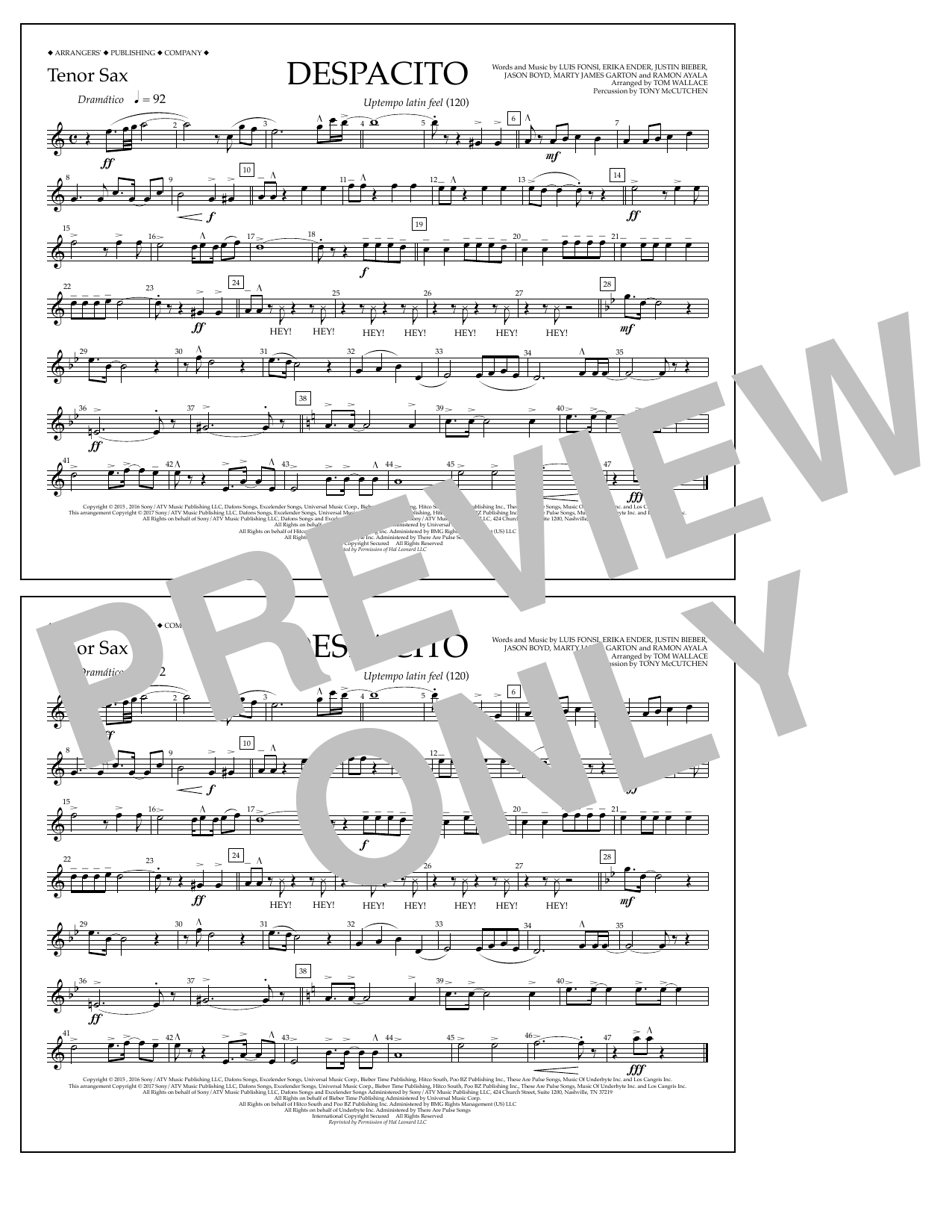 Luis Fonsi & Daddy Yankee feat. Justin Bieber Despacito (arr. Tom Wallace) - Tenor Sax sheet music notes and chords arranged for Marching Band