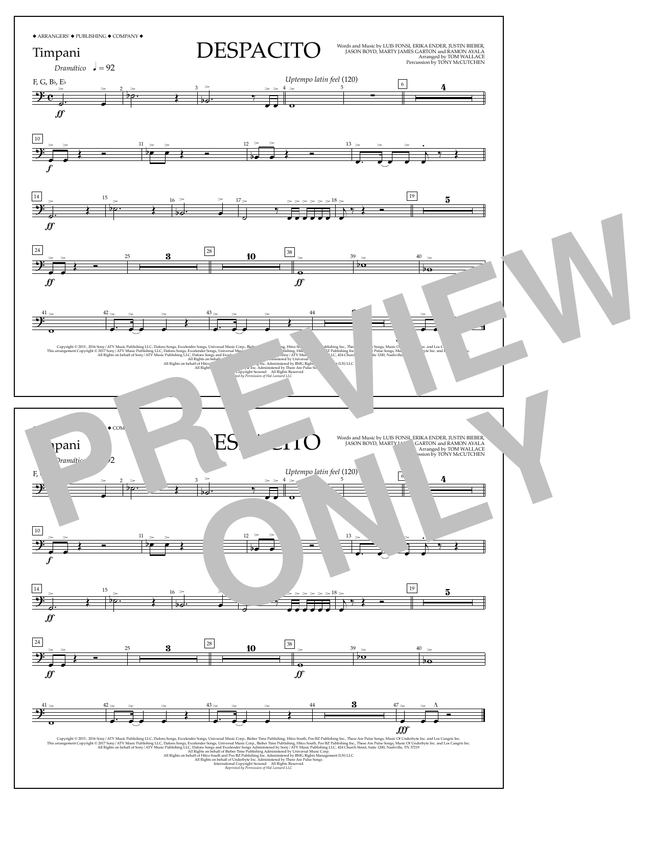 Luis Fonsi & Daddy Yankee feat. Justin Bieber Despacito (arr. Tom Wallace) - Timpani sheet music notes and chords arranged for Marching Band