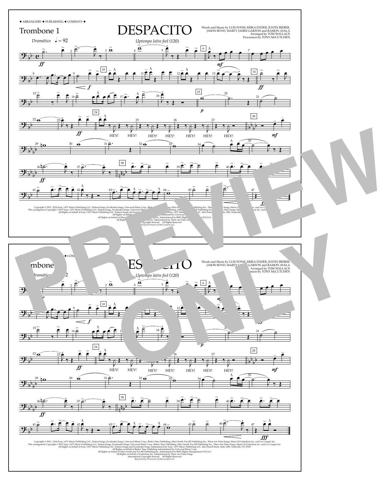 Luis Fonsi & Daddy Yankee feat. Justin Bieber Despacito (arr. Tom Wallace) - Trombone 1 sheet music notes and chords arranged for Marching Band