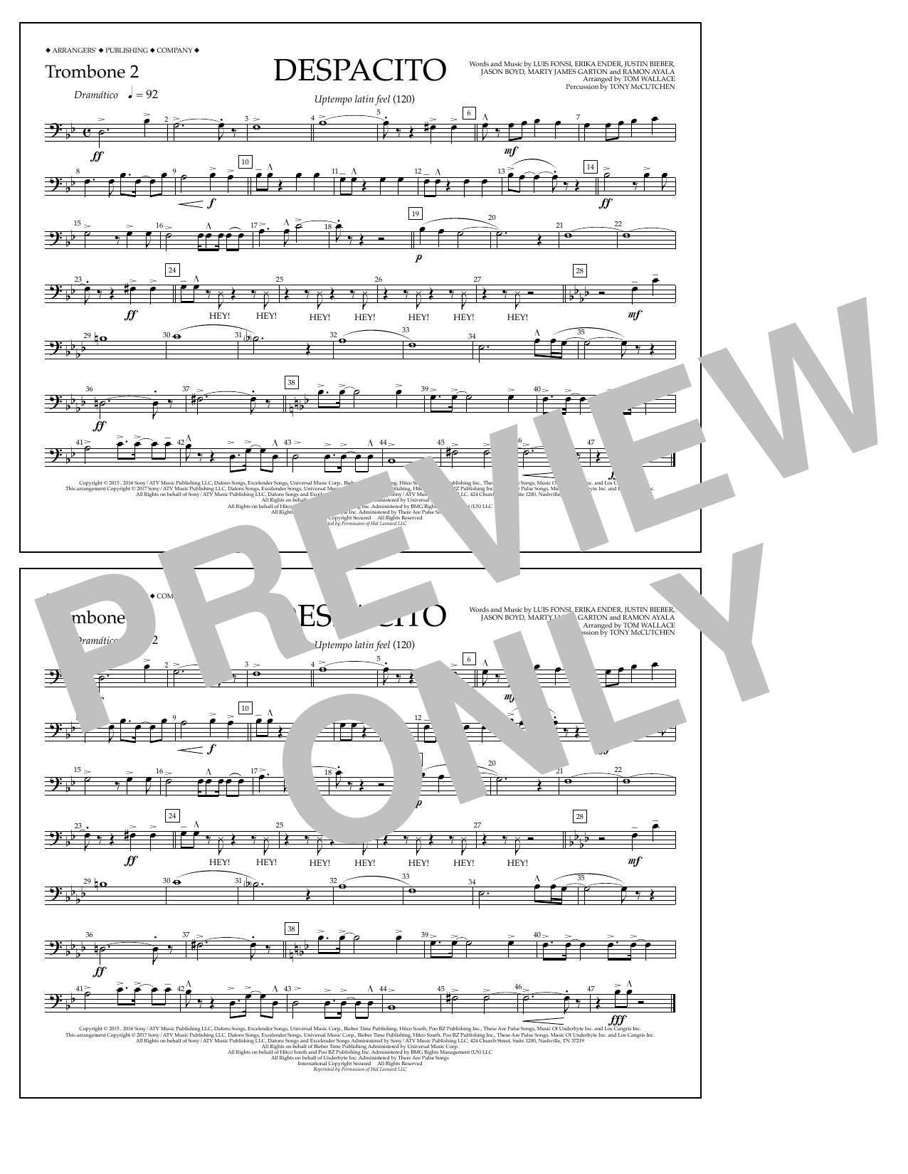 Luis Fonsi & Daddy Yankee feat. Justin Bieber Despacito (arr. Tom Wallace) - Trombone 2 sheet music notes and chords arranged for Marching Band