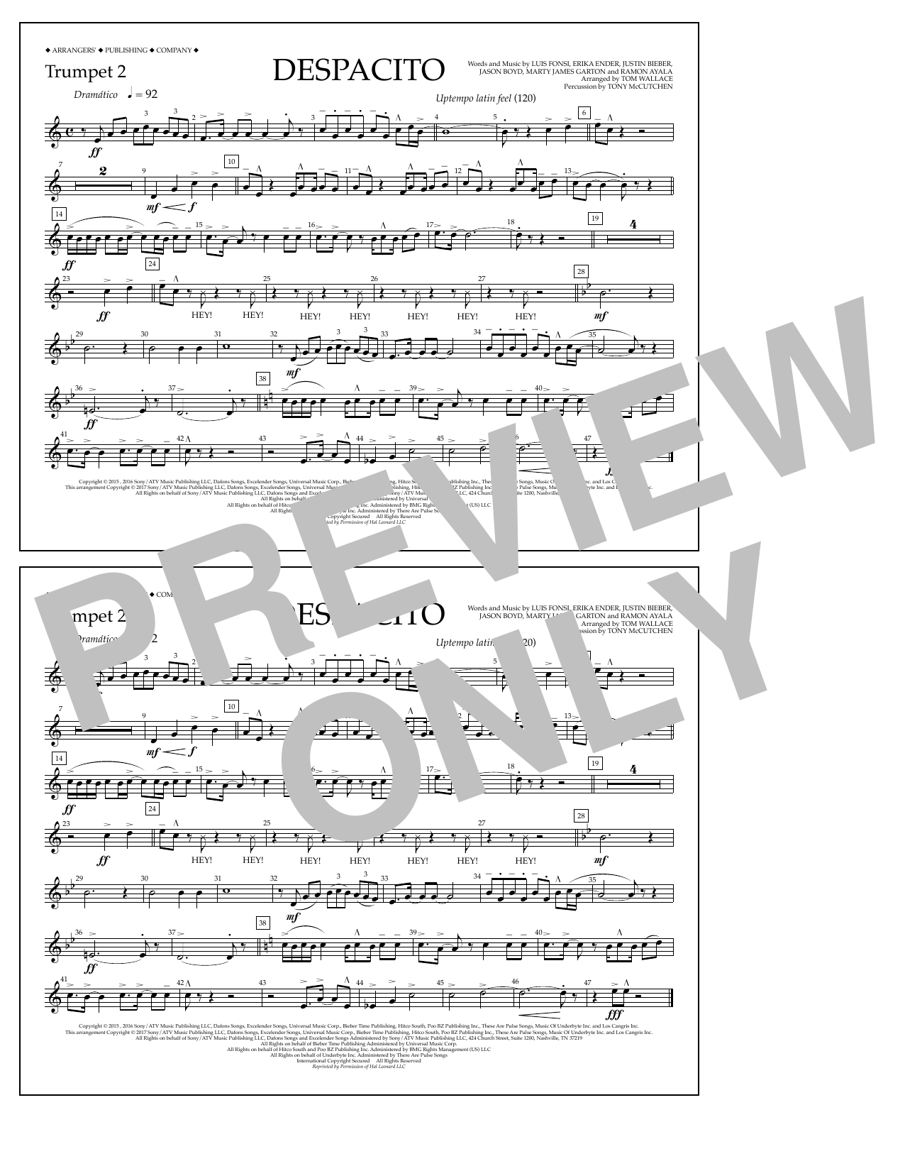 Luis Fonsi & Daddy Yankee feat. Justin Bieber Despacito (arr. Tom Wallace) - Trumpet 2 sheet music notes and chords arranged for Marching Band