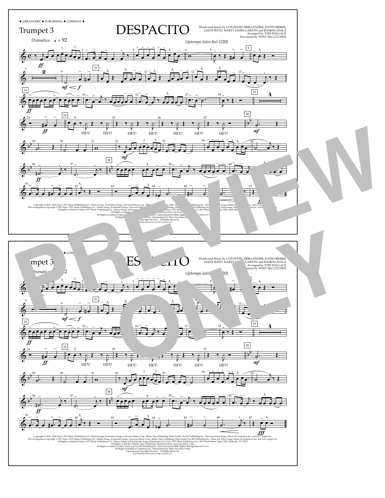 Luis Fonsi & Daddy Yankee feat. Justin Bieber Despacito (arr. Tom Wallace) - Trumpet 3 sheet music notes and chords arranged for Marching Band