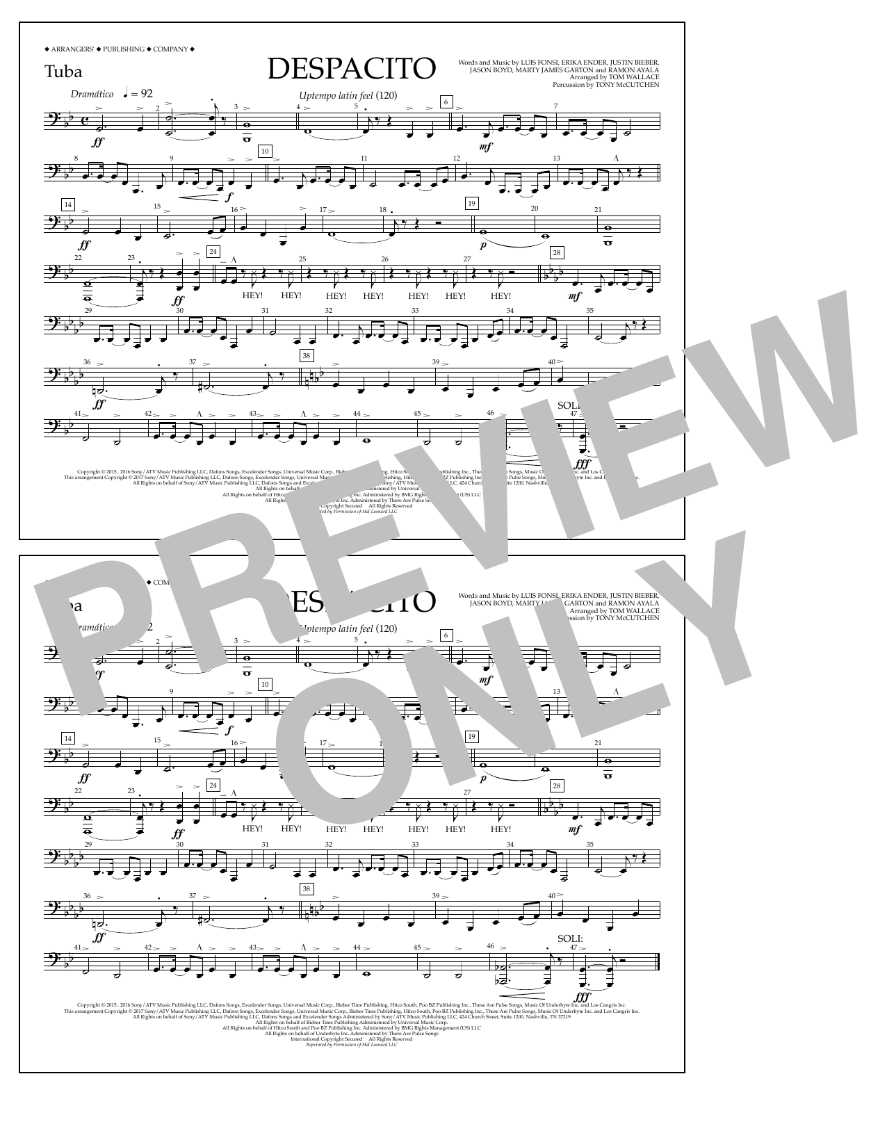 Luis Fonsi & Daddy Yankee feat. Justin Bieber Despacito (arr. Tom Wallace) - Tuba sheet music notes and chords arranged for Marching Band