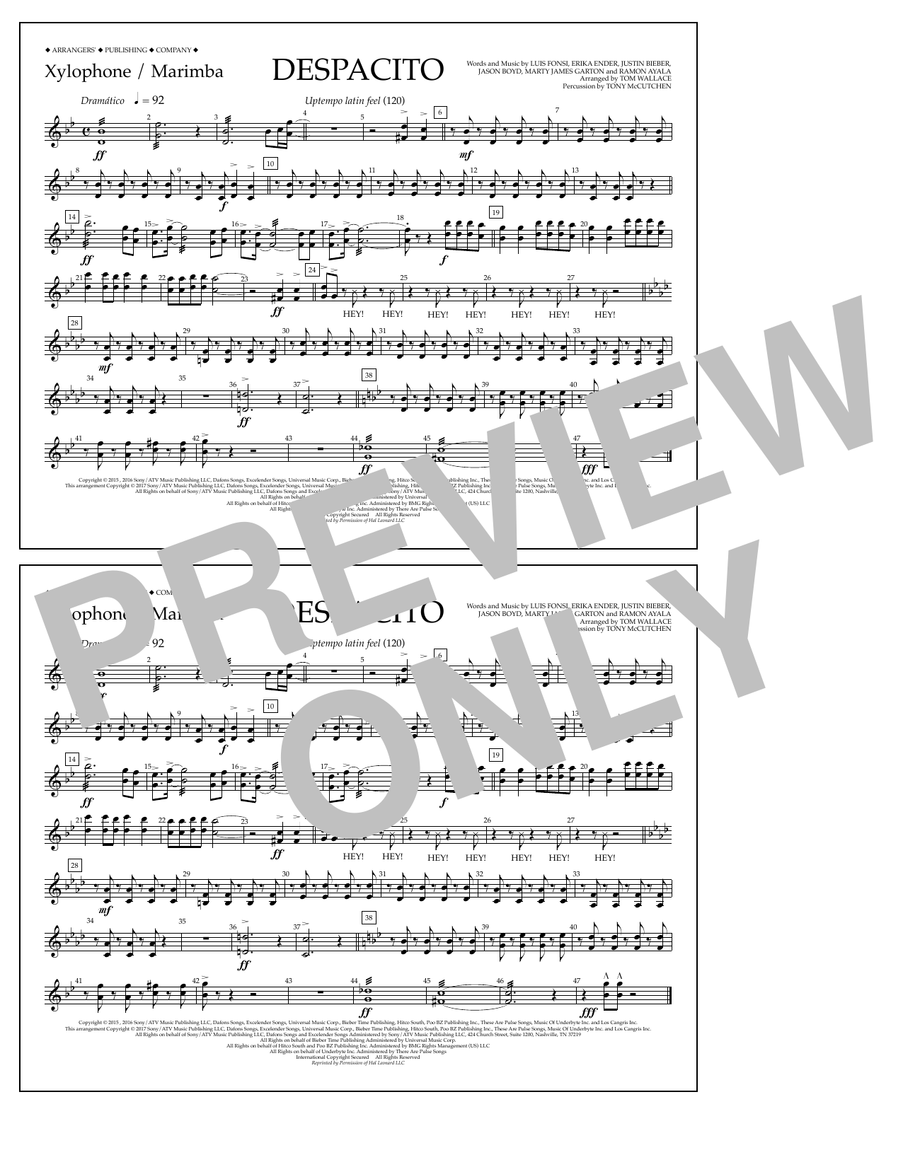Luis Fonsi & Daddy Yankee feat. Justin Bieber Despacito (arr. Tom Wallace) - Xylophone/Marimba sheet music notes and chords arranged for Marching Band