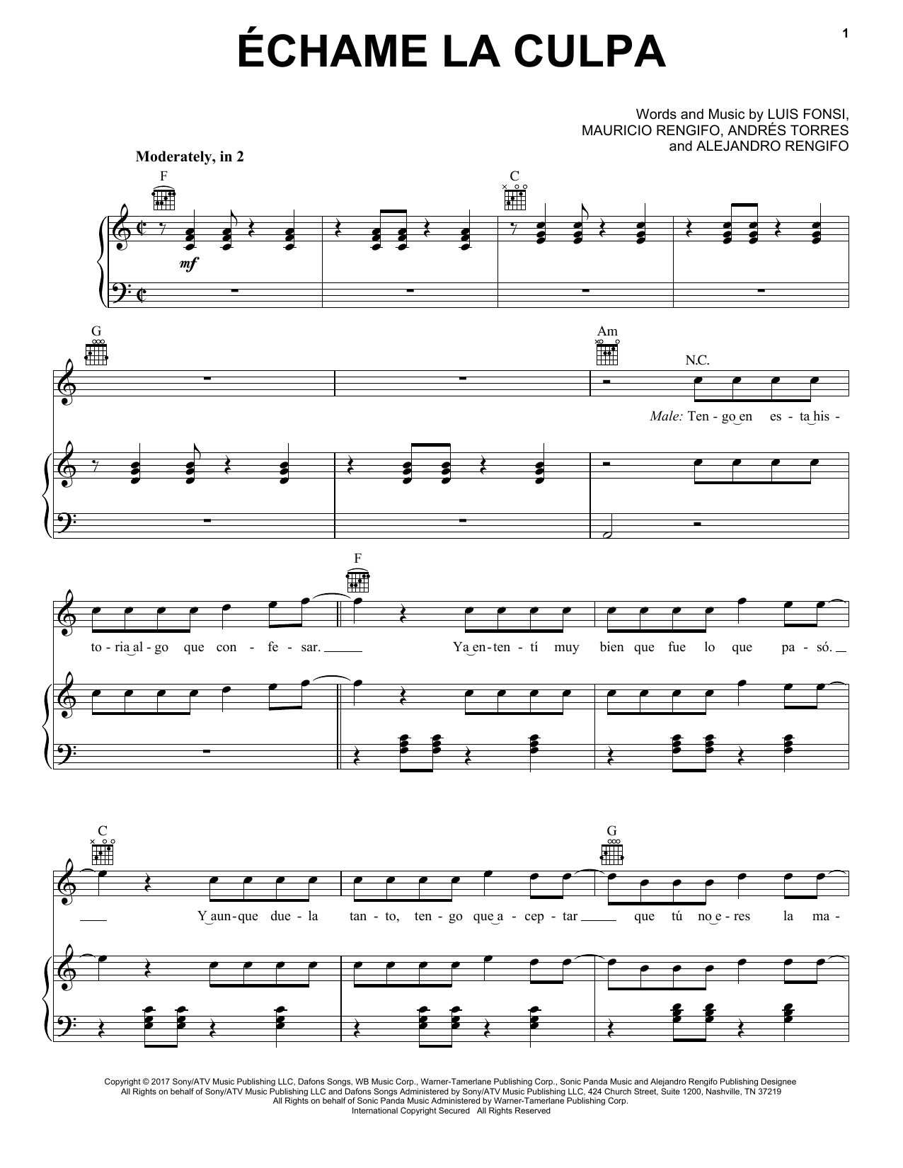 Luis Fonsi and Demi Lovato Echame La Culpa sheet music notes and chords arranged for Piano, Vocal & Guitar Chords (Right-Hand Melody)