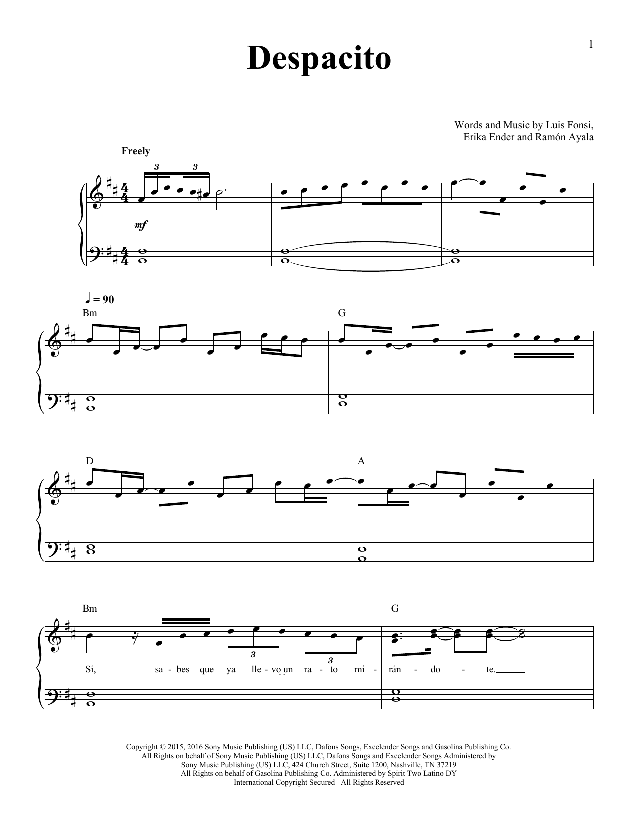 Luis Fonsi Despacito (feat. Daddy Yankee) sheet music notes and chords arranged for Piano, Vocal & Guitar Chords (Right-Hand Melody)