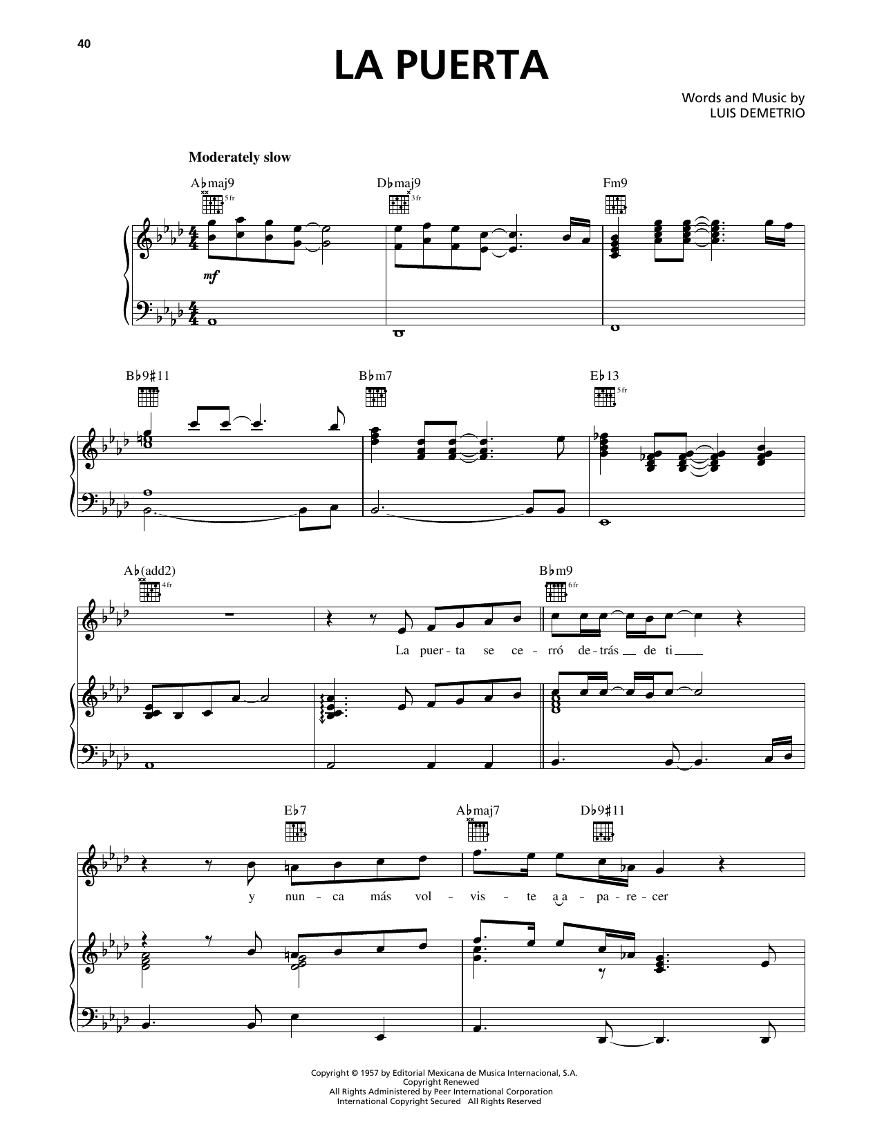 Luis Miguel La Puerta sheet music notes and chords arranged for Piano, Vocal & Guitar Chords (Right-Hand Melody)