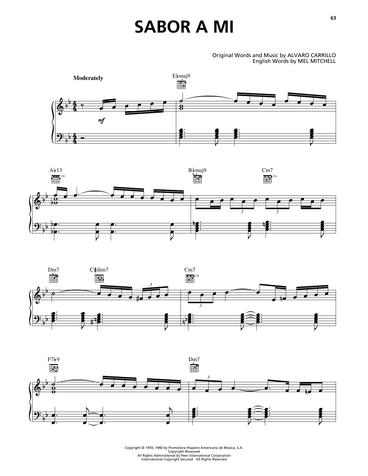 Luis Miguel Sabor A Mi (Be True To Me) sheet music notes and chords arranged for Piano, Vocal & Guitar Chords (Right-Hand Melody)