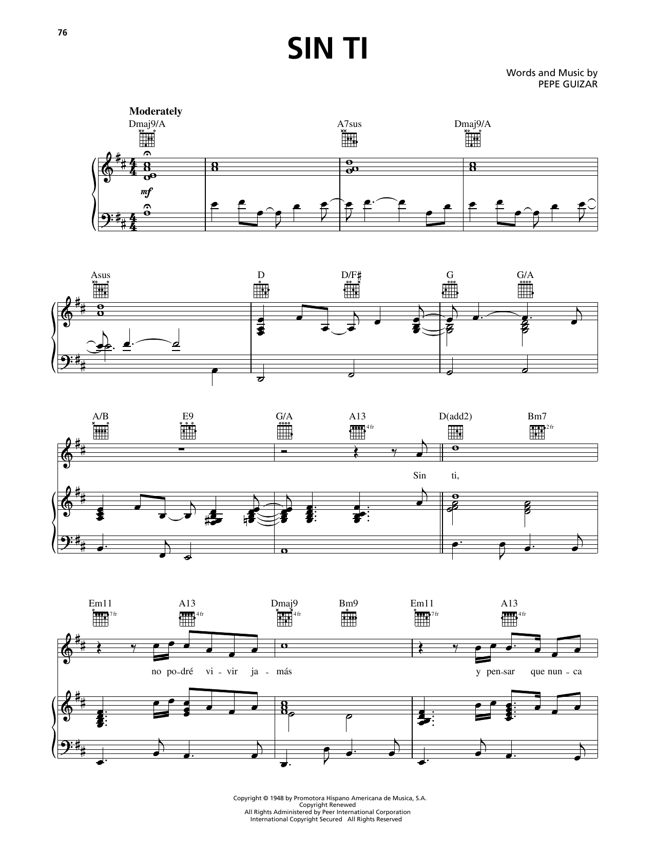 Luis Miguel Sin Ti sheet music notes and chords arranged for Piano, Vocal & Guitar Chords (Right-Hand Melody)