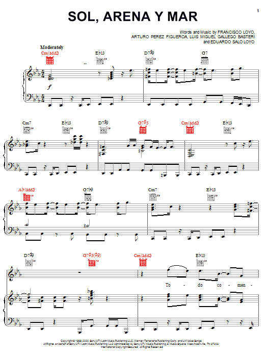 Luis Miguel Sol, Arena, Y Mar sheet music notes and chords arranged for Piano, Vocal & Guitar Chords (Right-Hand Melody)