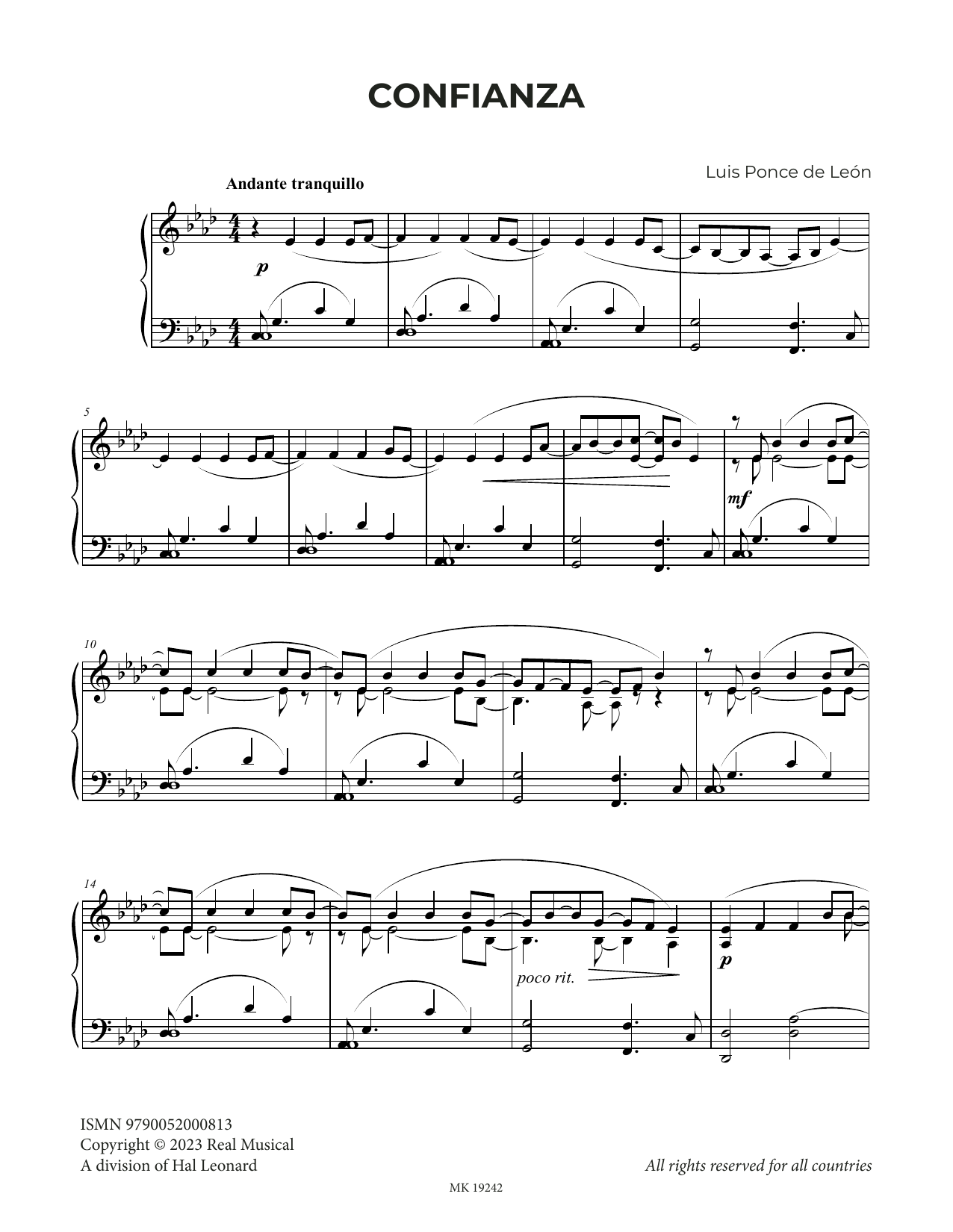 Luis Ponce de León Confianza sheet music notes and chords arranged for Piano Solo