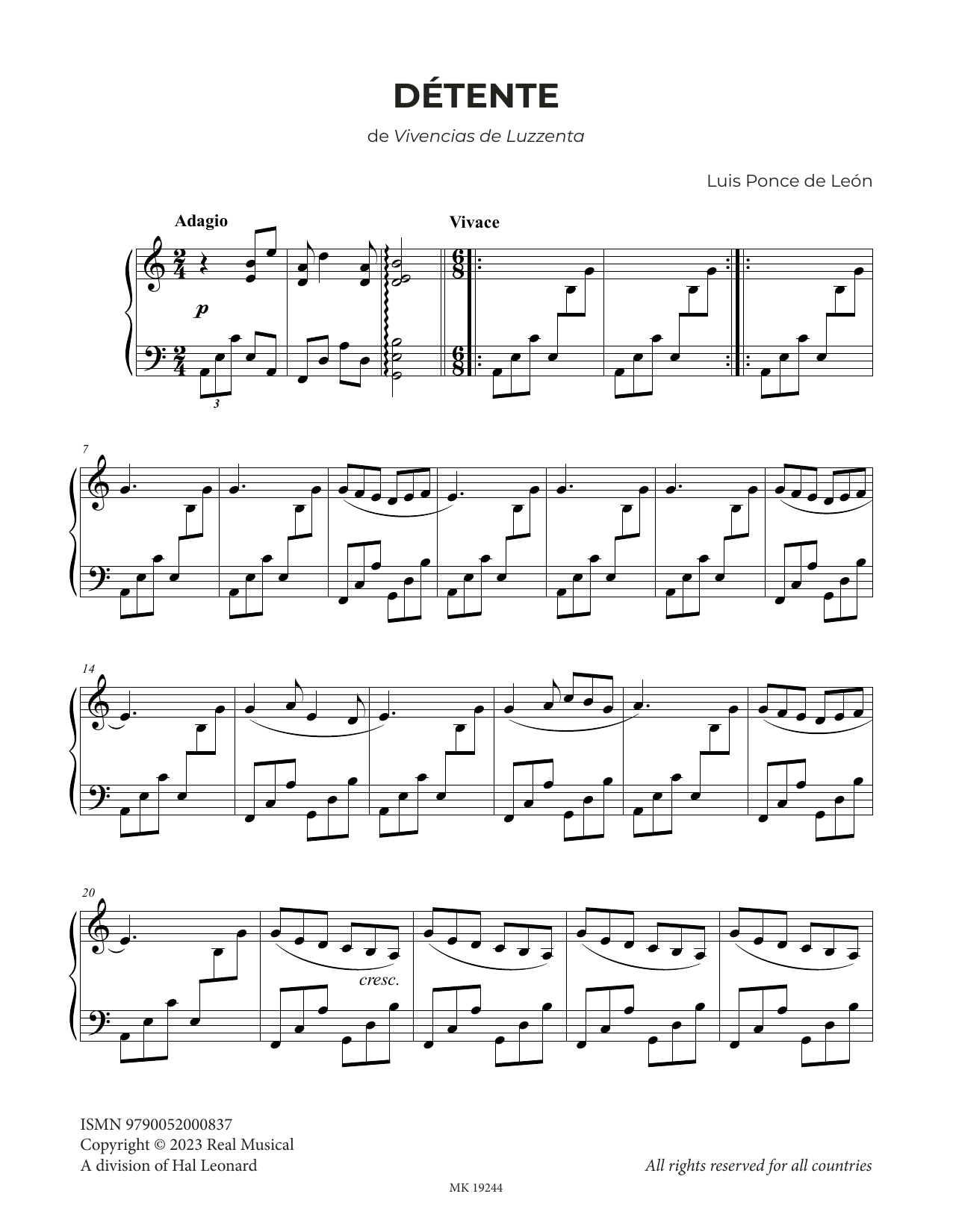 Luis Ponce de León Détente sheet music notes and chords arranged for Piano Solo