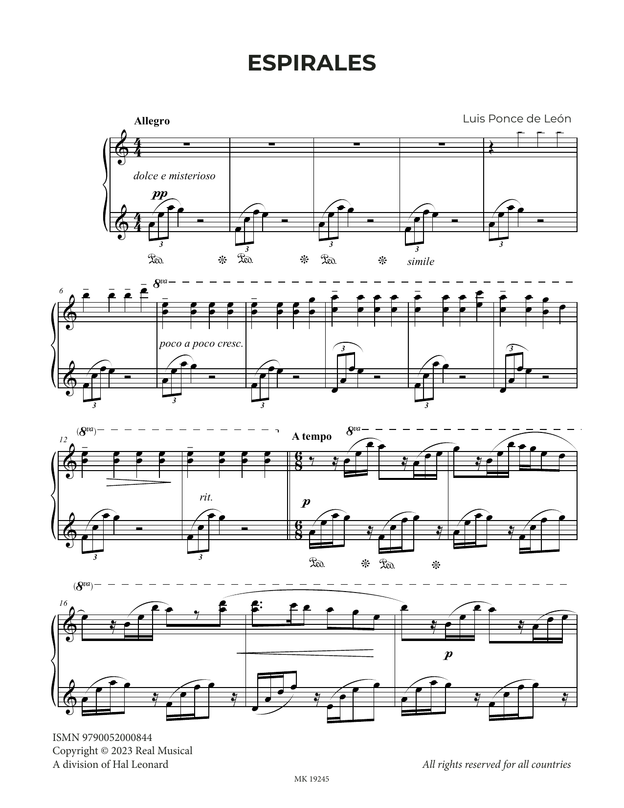 Luis Ponce de León Espirales sheet music notes and chords arranged for Piano Solo