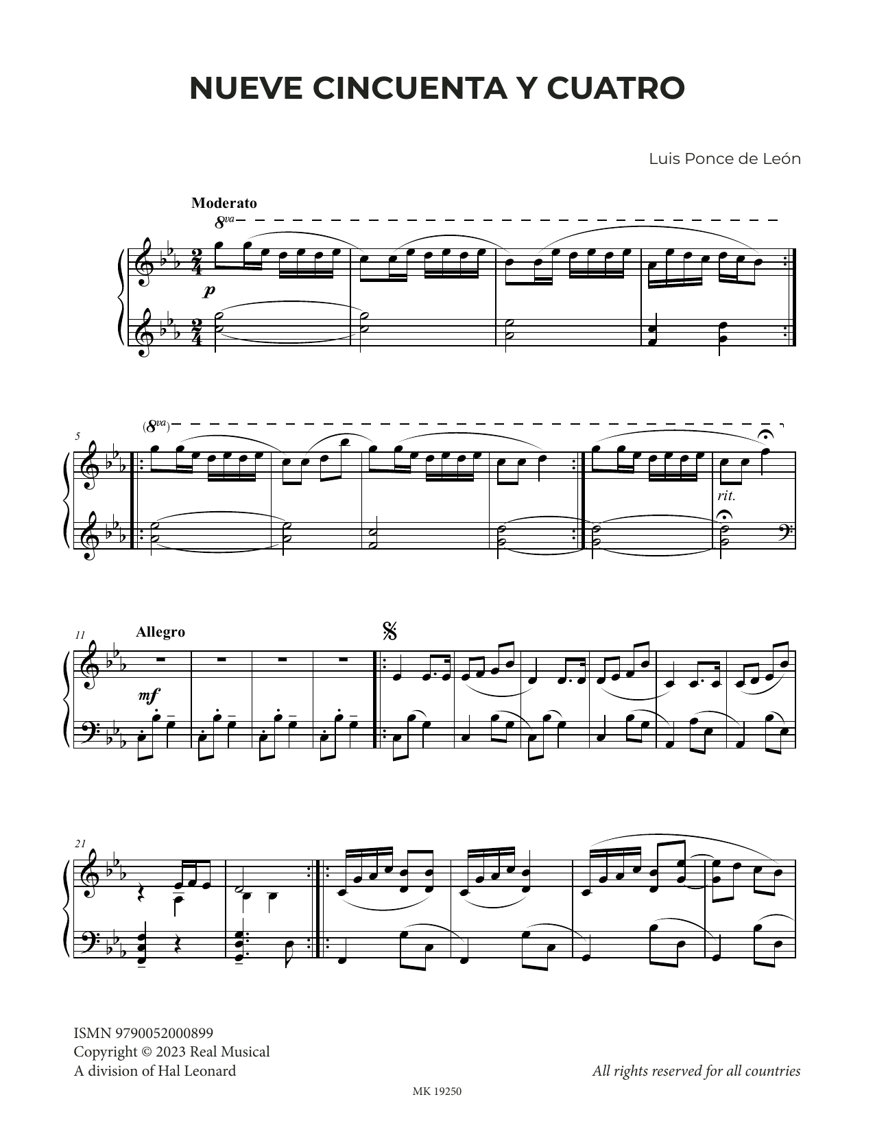 Luis Ponce de León Nueve Cincuenta y Cuatro sheet music notes and chords arranged for Piano Solo