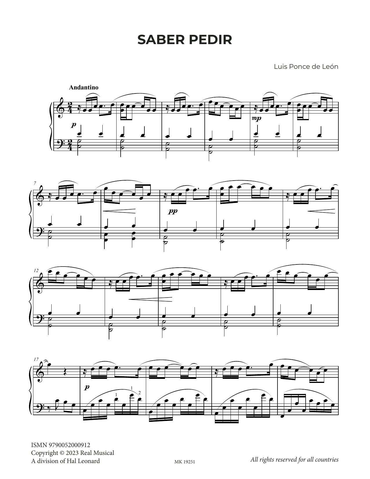 Luis Ponce de León Saber pedir sheet music notes and chords arranged for Piano Solo