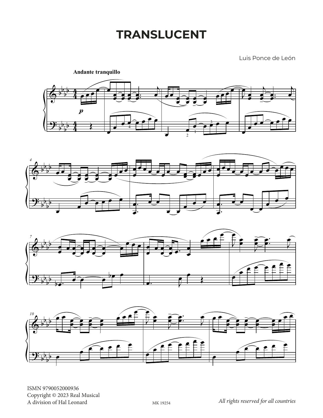 Luis Ponce de León Translucent sheet music notes and chords arranged for Piano Solo