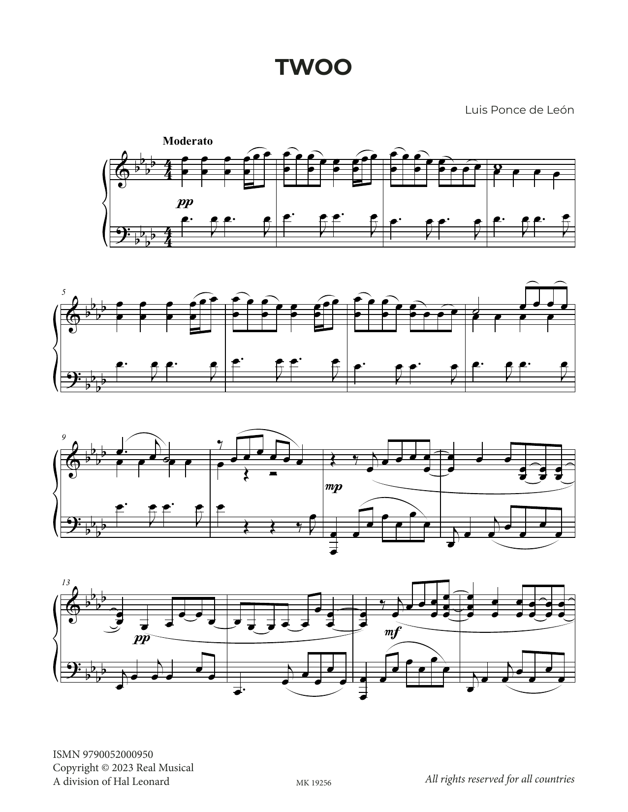 Luis Ponce de León Twoo sheet music notes and chords arranged for Piano Solo