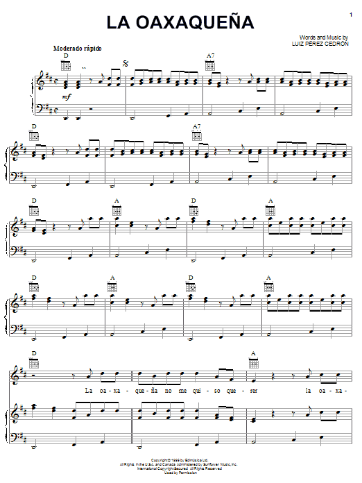 Luiz Perez Cedron La Oaxaquena sheet music notes and chords arranged for Piano, Vocal & Guitar Chords (Right-Hand Melody)