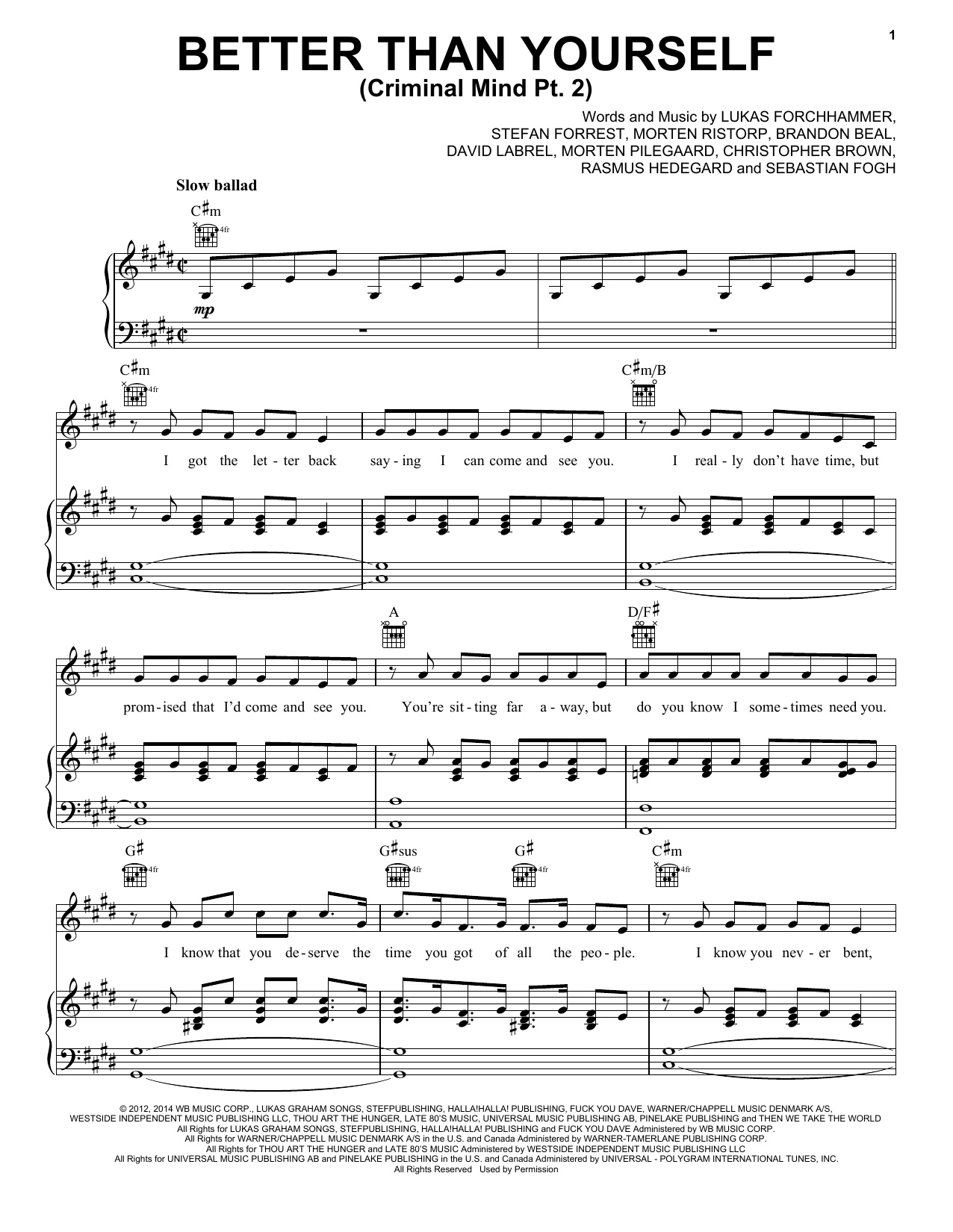 Lukas Graham Better Than Yourself (Criminal Mind Part 2) sheet music notes and chords arranged for Piano, Vocal & Guitar Chords (Right-Hand Melody)