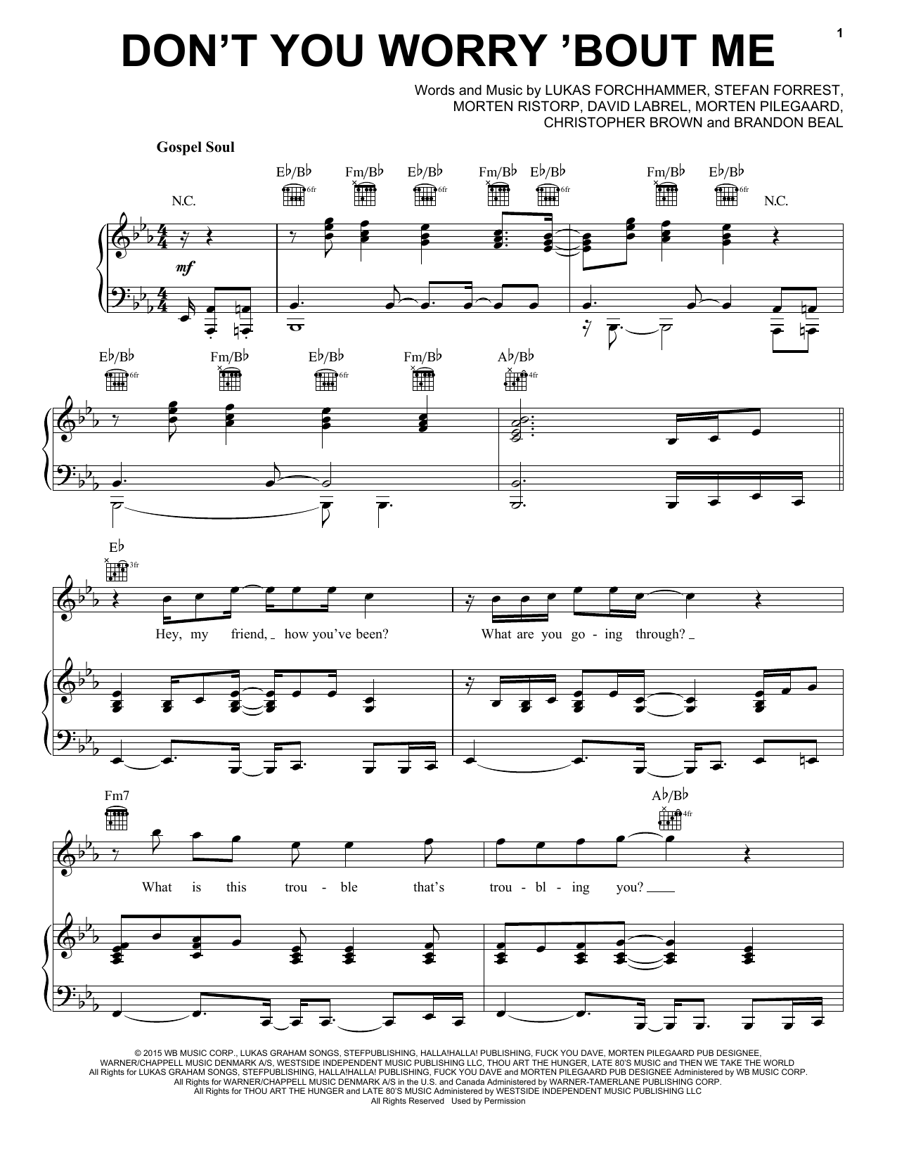 Lukas Graham Don't You Worry 'Bout Me sheet music notes and chords arranged for Piano, Vocal & Guitar Chords (Right-Hand Melody)