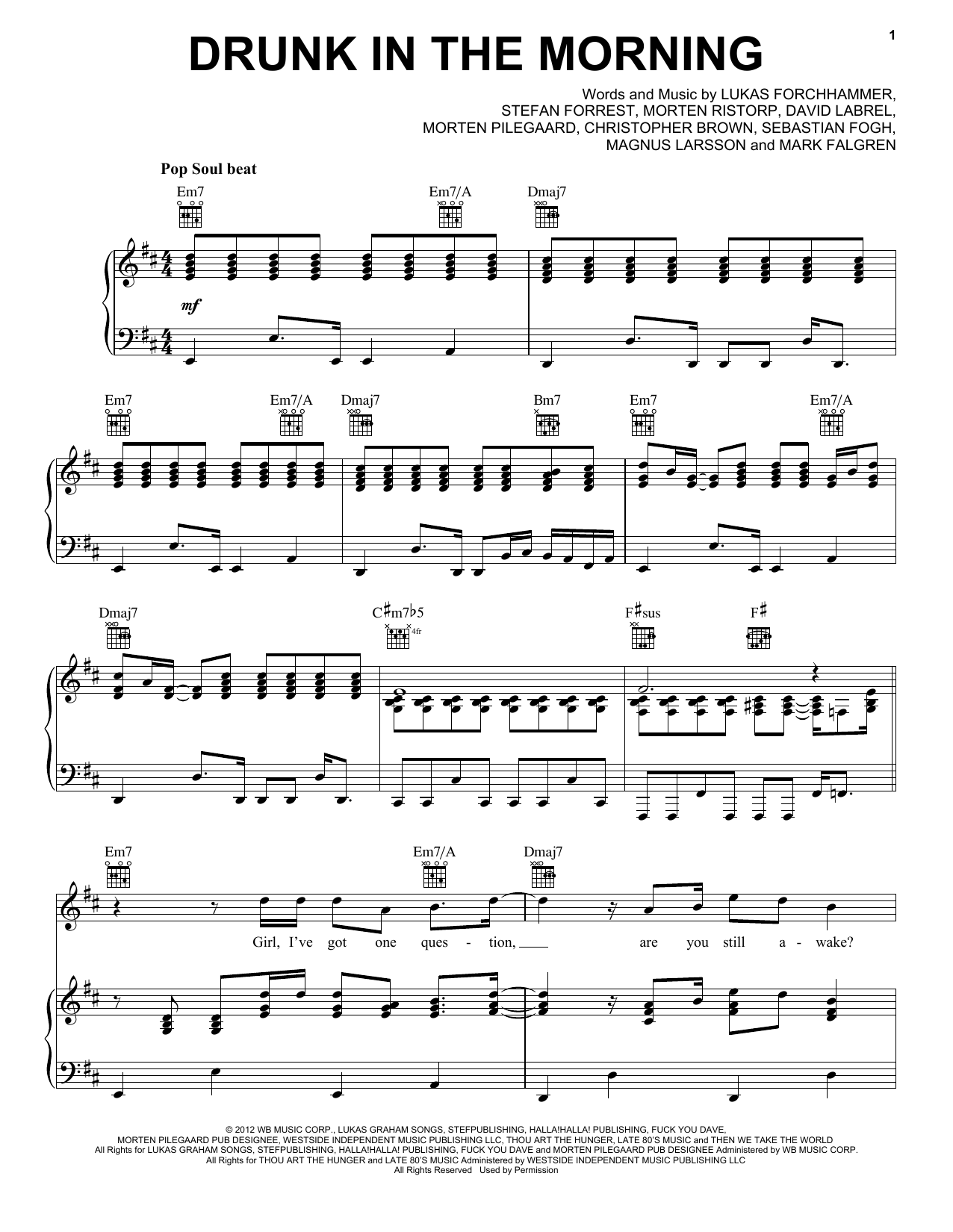 Lukas Graham Drunk In The Morning sheet music notes and chords arranged for Piano, Vocal & Guitar Chords (Right-Hand Melody)