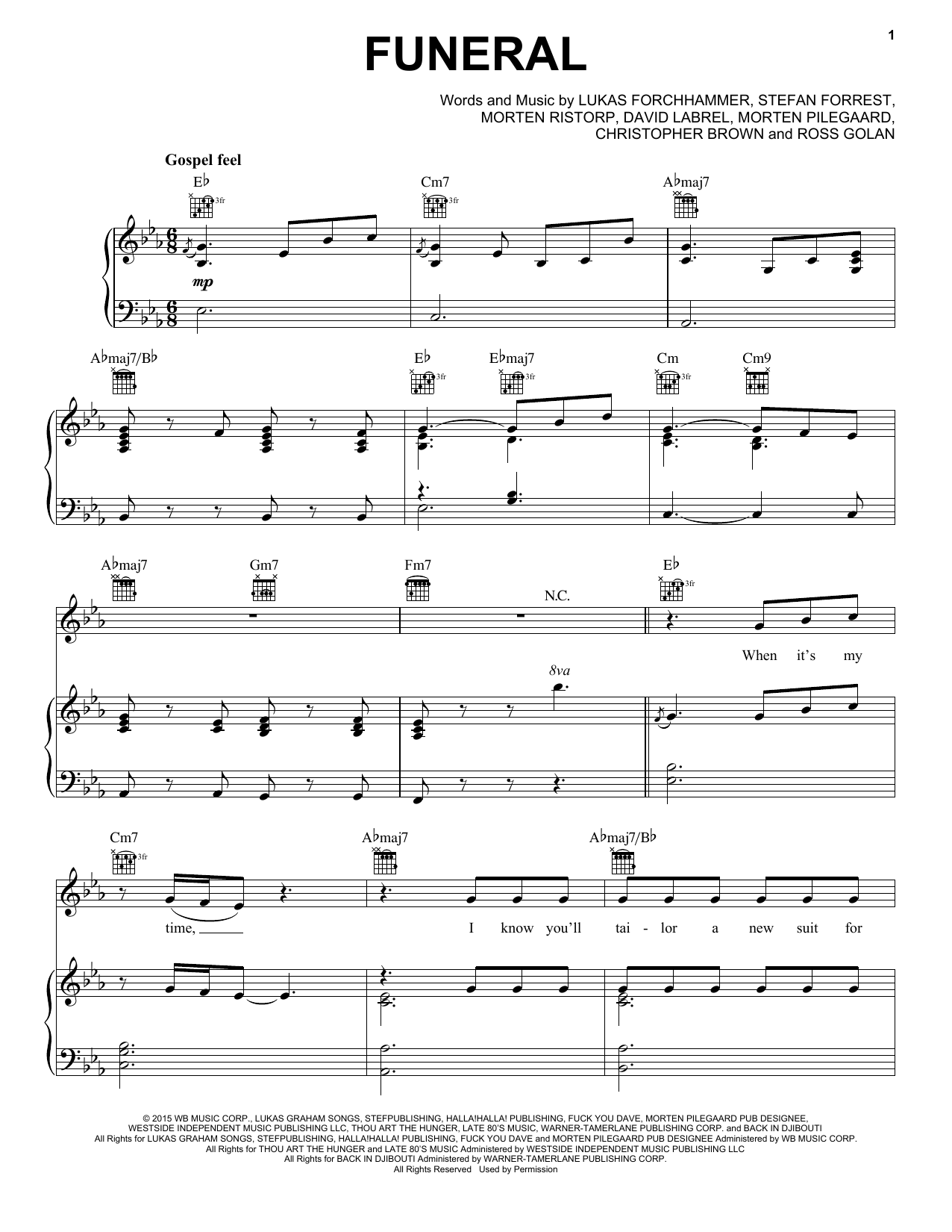 Lukas Graham Funeral sheet music notes and chords arranged for Piano, Vocal & Guitar Chords (Right-Hand Melody)