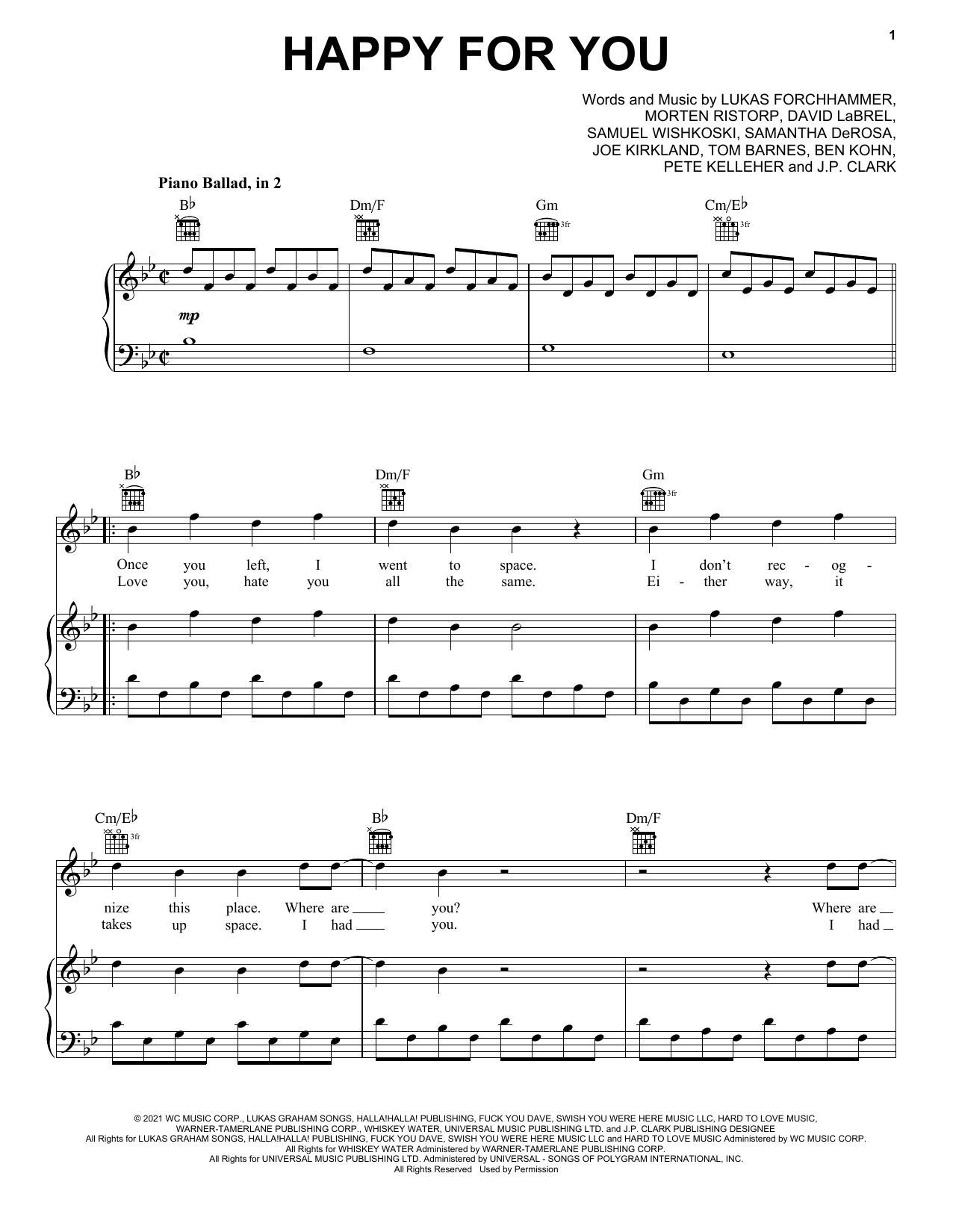 Lukas Graham Happy For You sheet music notes and chords arranged for Piano, Vocal & Guitar Chords (Right-Hand Melody)