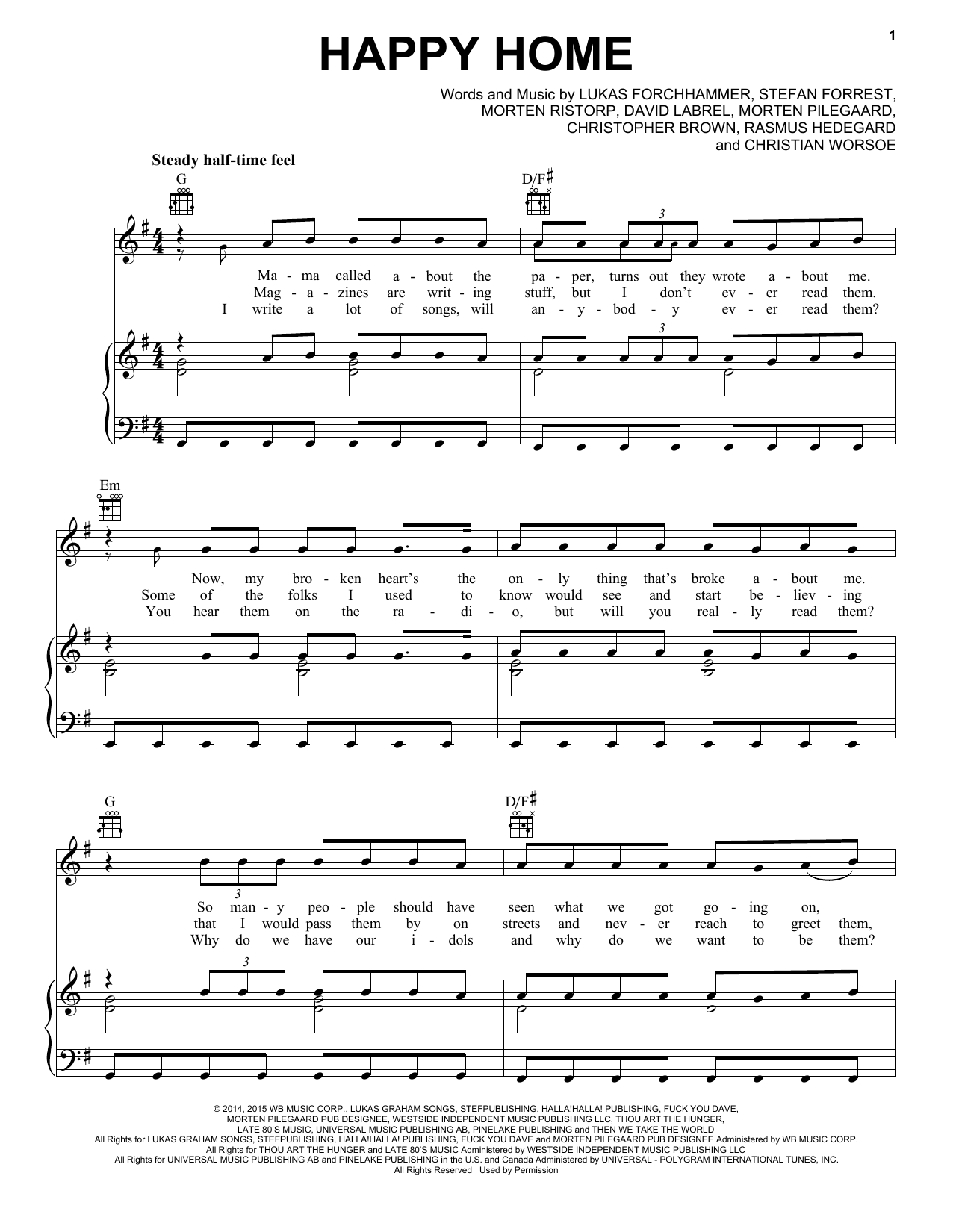 Lukas Graham Happy Home sheet music notes and chords arranged for Piano, Vocal & Guitar Chords (Right-Hand Melody)