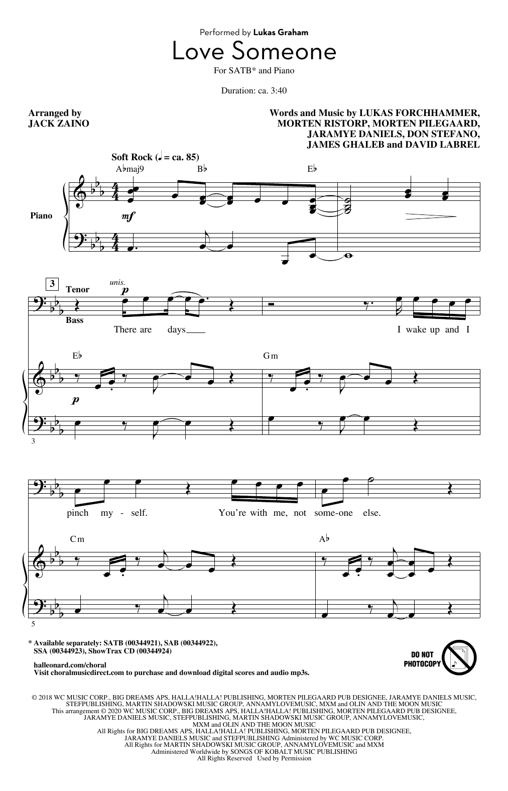 Lukas Graham Love Someone (arr. Jack Zaino) sheet music notes and chords arranged for SAB Choir