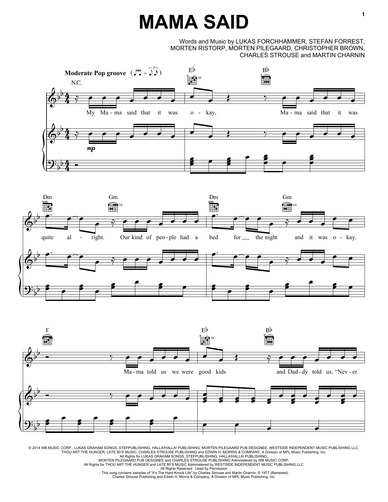 Lukas Graham Mama Said sheet music notes and chords arranged for Piano, Vocal & Guitar Chords (Right-Hand Melody)