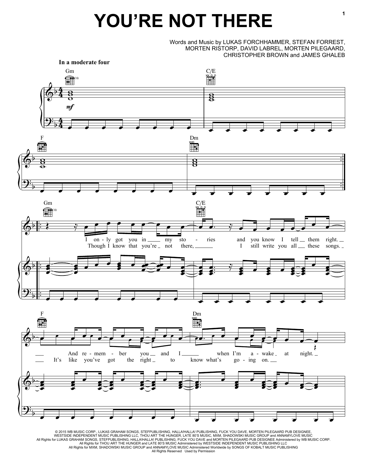 Lukas Graham You're Not There sheet music notes and chords arranged for Piano, Vocal & Guitar Chords (Right-Hand Melody)