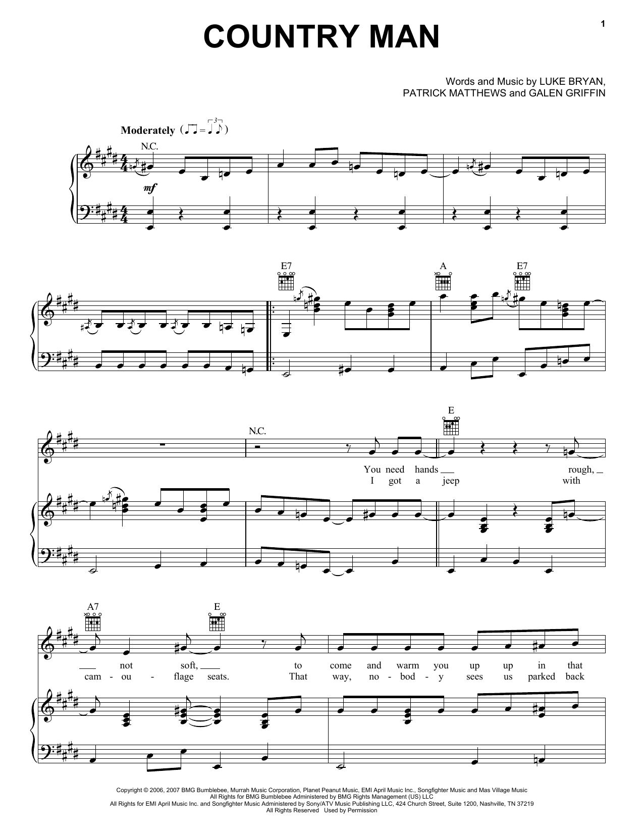 Luke Bryan Country Man sheet music notes and chords arranged for Piano, Vocal & Guitar Chords (Right-Hand Melody)