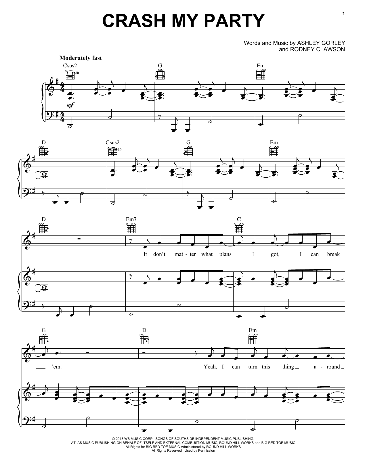 Luke Bryan Crash My Party sheet music notes and chords arranged for Piano, Vocal & Guitar Chords (Right-Hand Melody)