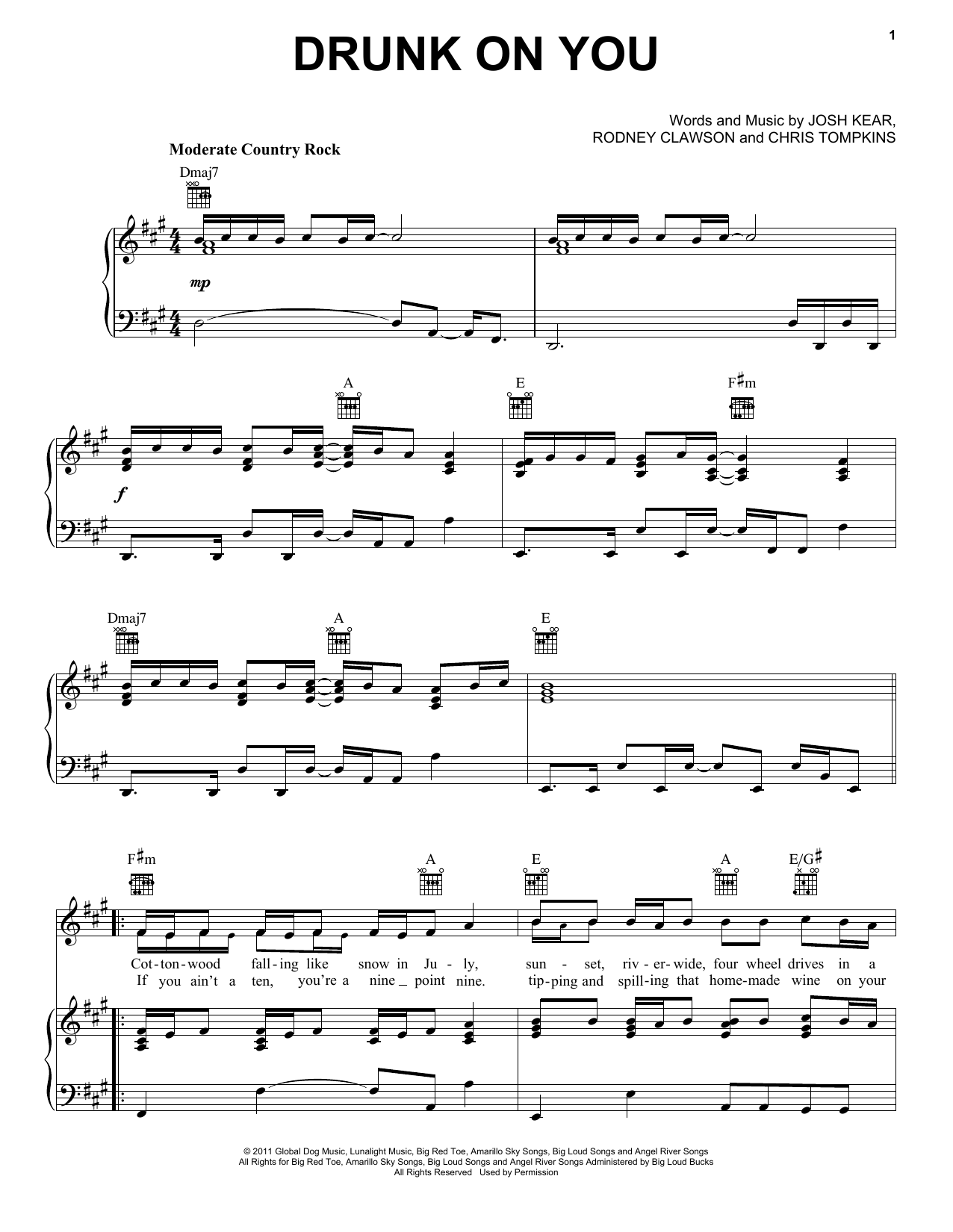Luke Bryan Drunk On You sheet music notes and chords arranged for Piano, Vocal & Guitar Chords (Right-Hand Melody)