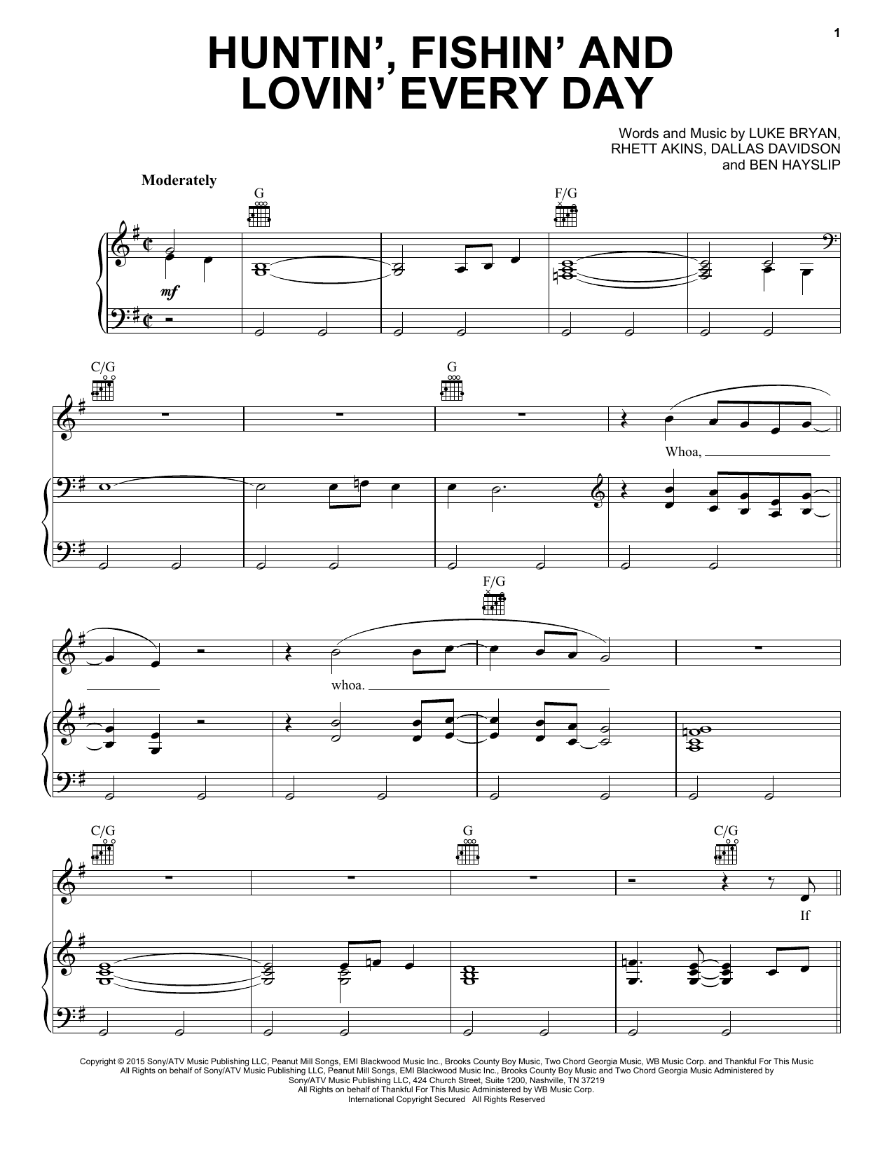 Luke Bryan Huntin', Fishin' And Lovin' Every Day sheet music notes and chords arranged for Easy Piano