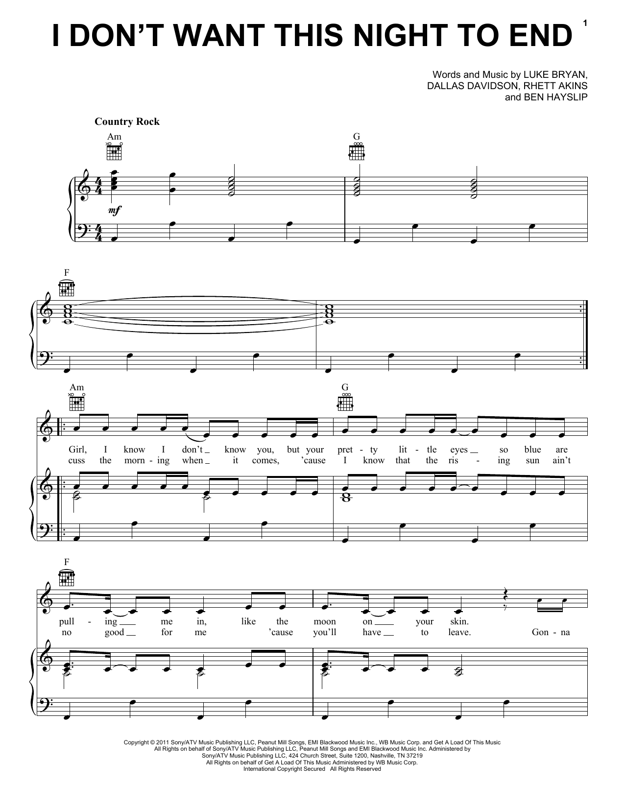 Luke Bryan I Don't Want This Night To End sheet music notes and chords arranged for Piano, Vocal & Guitar Chords