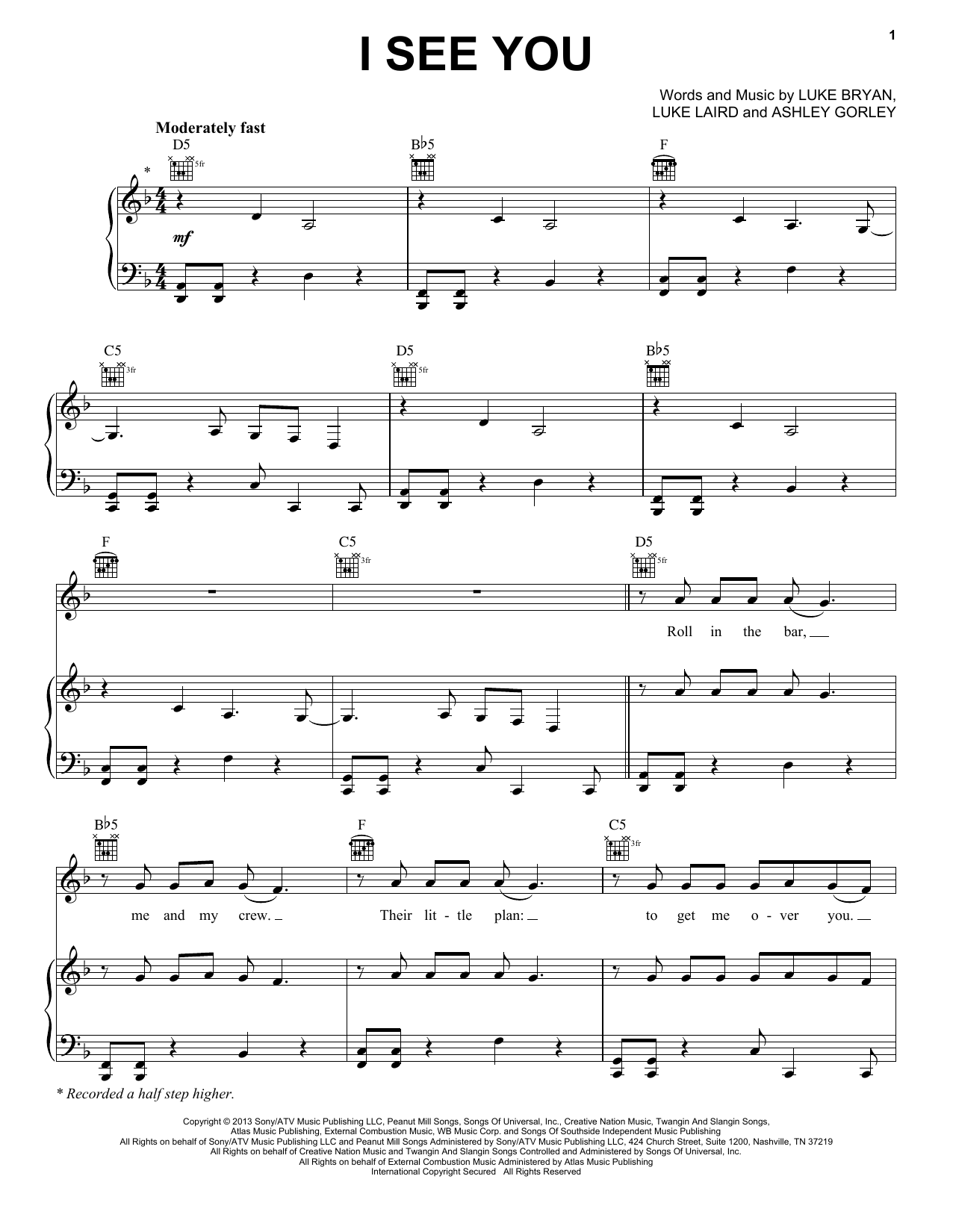 Luke Bryan I See You sheet music notes and chords arranged for Piano, Vocal & Guitar Chords (Right-Hand Melody)
