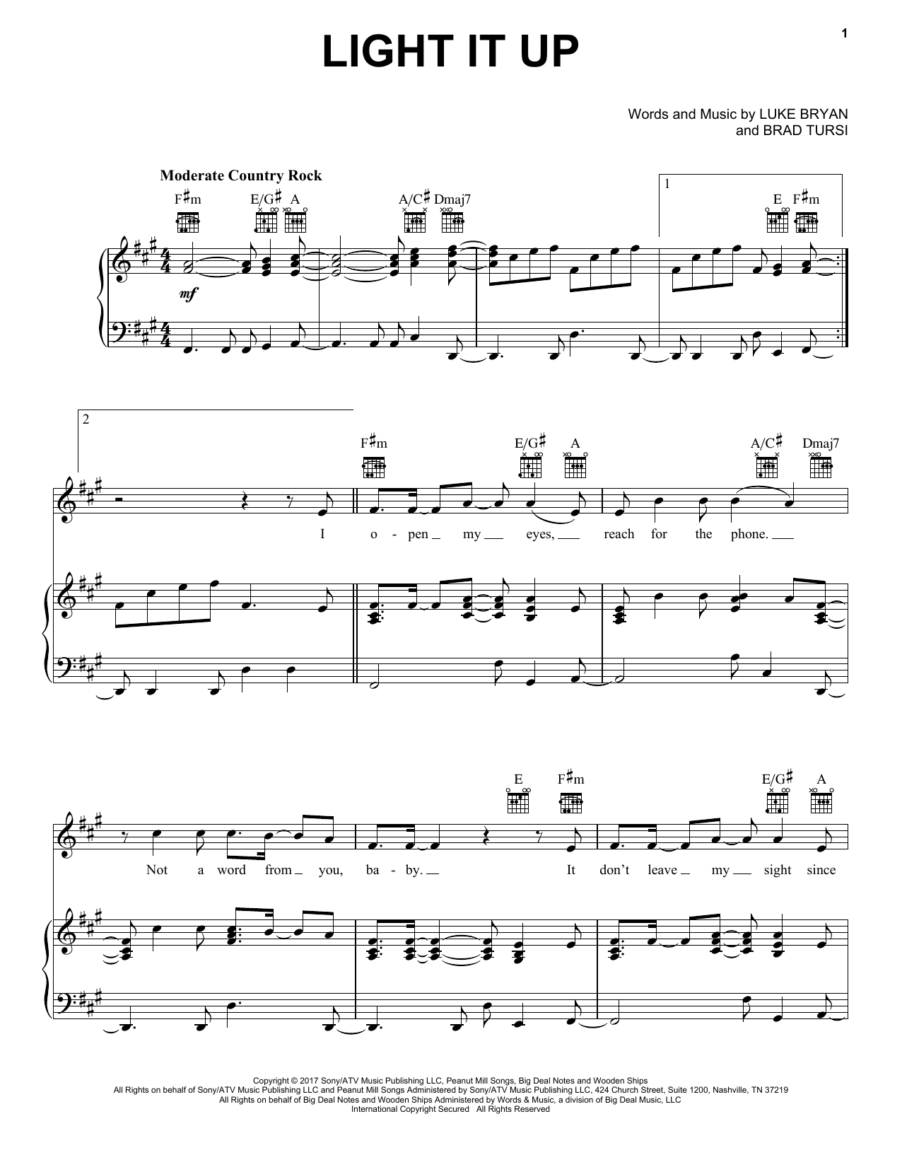 Luke Bryan Light It Up sheet music notes and chords arranged for Piano, Vocal & Guitar Chords (Right-Hand Melody)