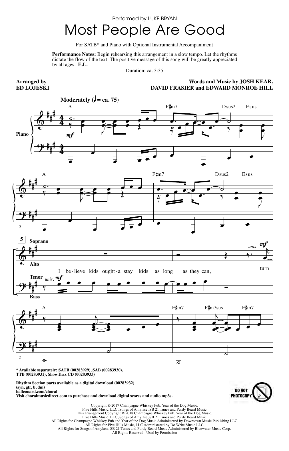 Luke Bryan Most People Are Good (arr. Ed Lojeski) sheet music notes and chords arranged for SAB Choir