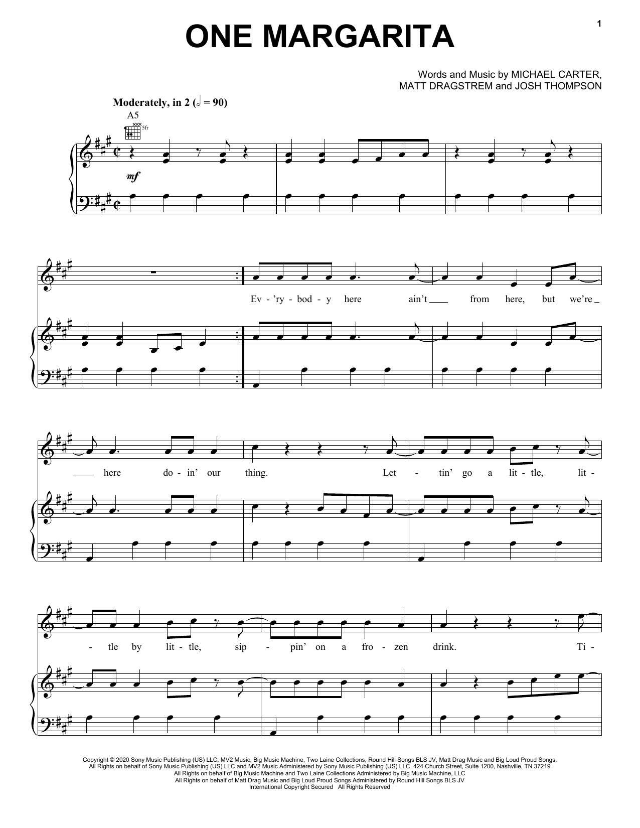 Luke Bryan One Margarita sheet music notes and chords arranged for Piano, Vocal & Guitar Chords (Right-Hand Melody)