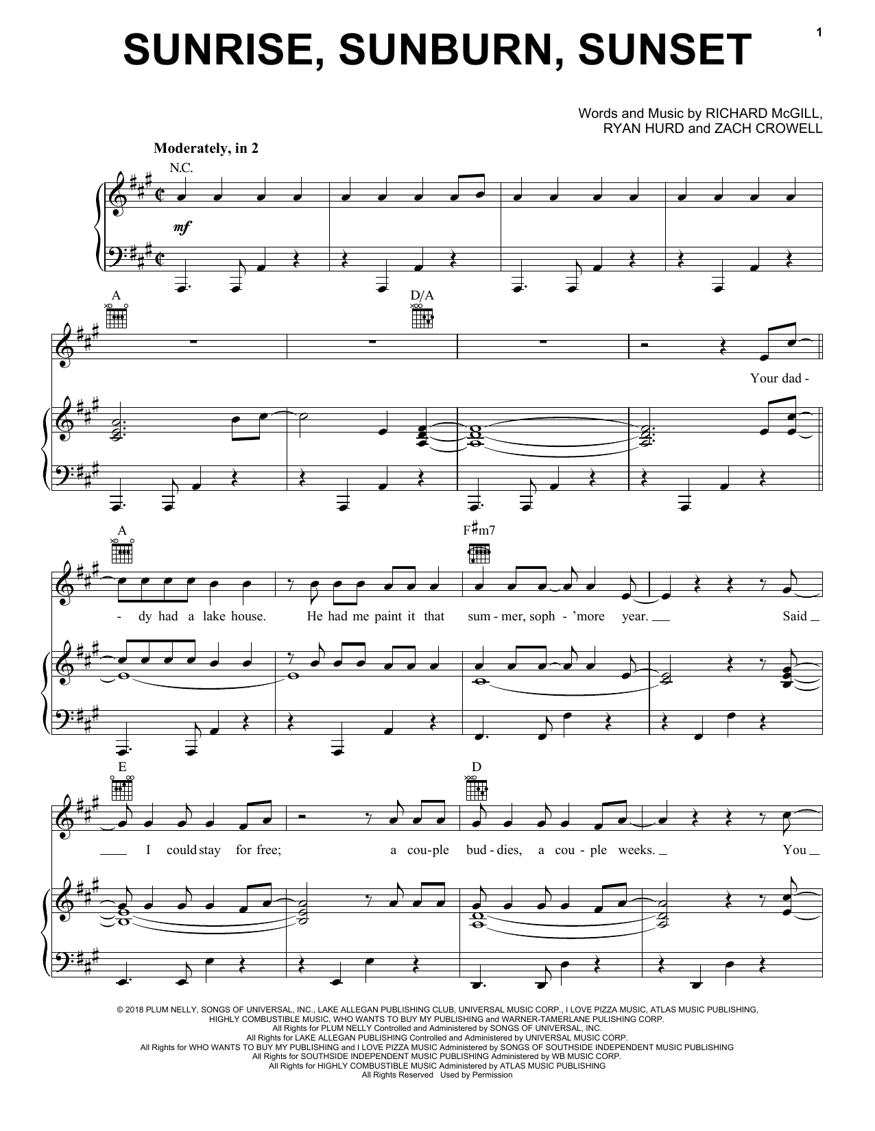 Luke Bryan Sunrise, Sunburn, Sunset sheet music notes and chords arranged for Piano, Vocal & Guitar Chords (Right-Hand Melody)