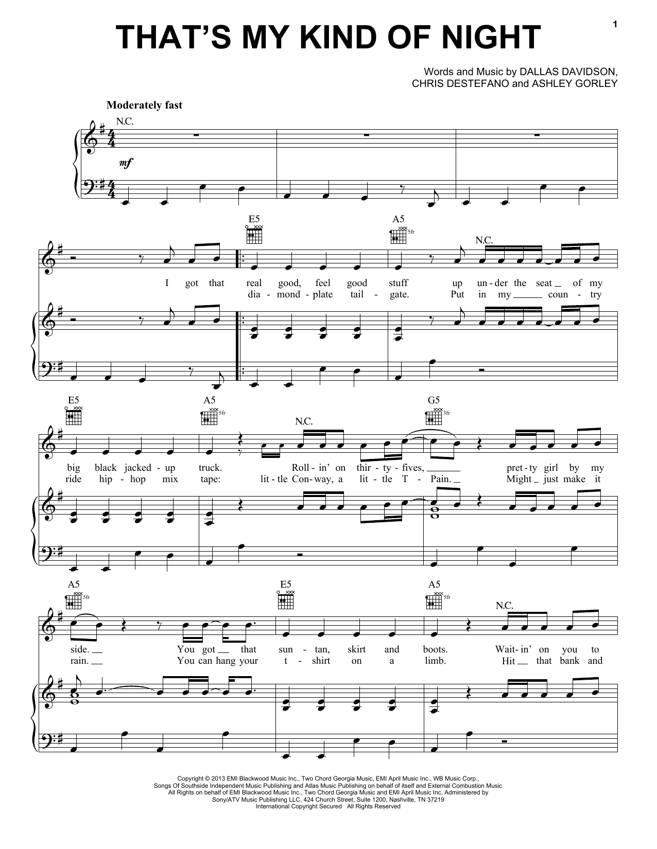 Luke Bryan That's My Kind Of Night sheet music notes and chords arranged for Piano, Vocal & Guitar Chords (Right-Hand Melody)
