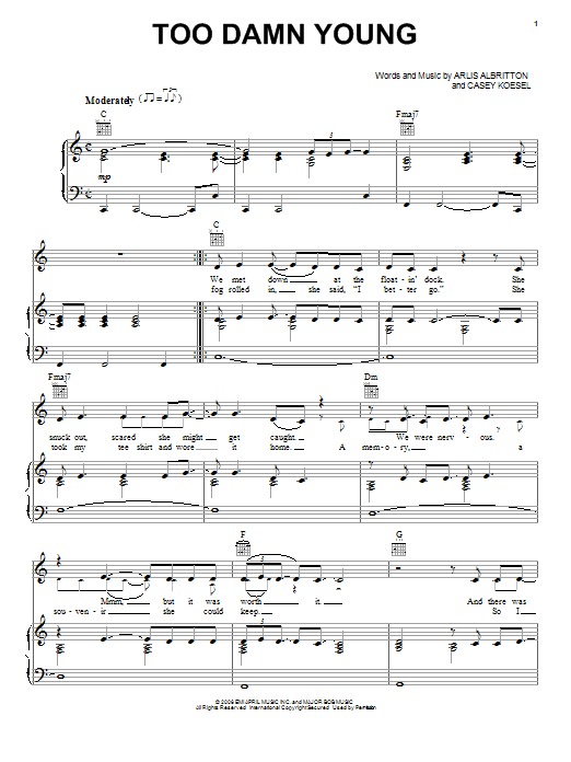 Luke Bryan Too Damn Young sheet music notes and chords arranged for Piano, Vocal & Guitar Chords (Right-Hand Melody)