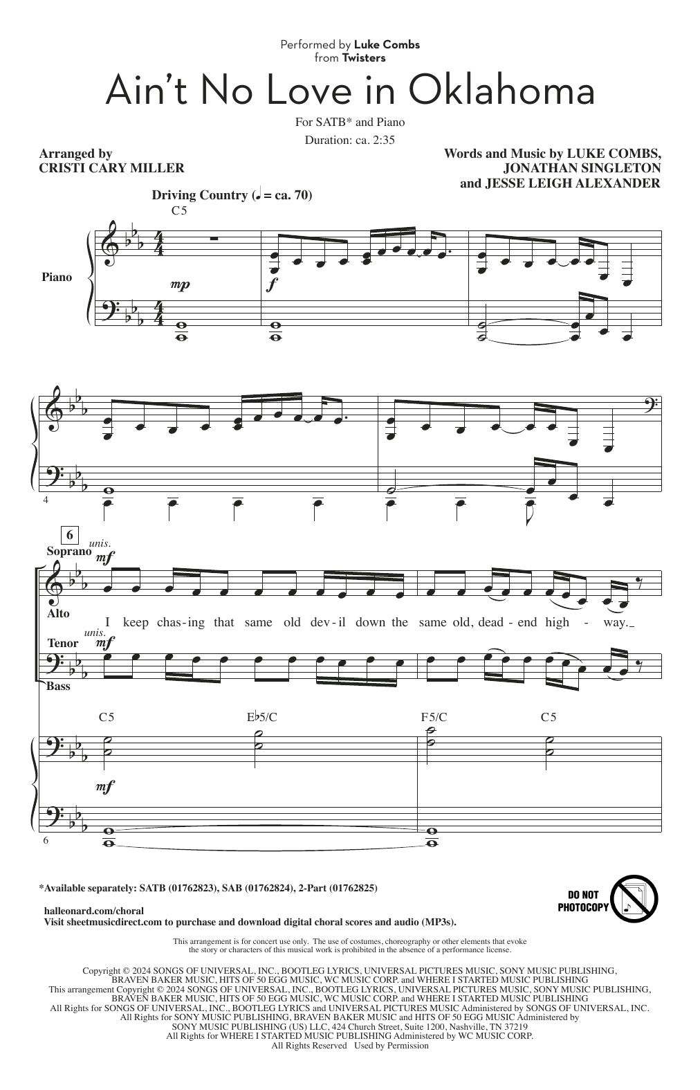 Luke Combs Ain't No Love In Oklahoma (from Twisters) (arr. Cristi Cary Miller) sheet music notes and chords arranged for SATB Choir