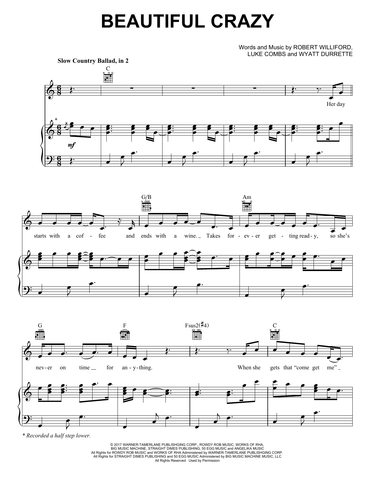 Luke Combs Beautiful Crazy sheet music notes and chords arranged for Piano, Vocal & Guitar Chords (Right-Hand Melody)