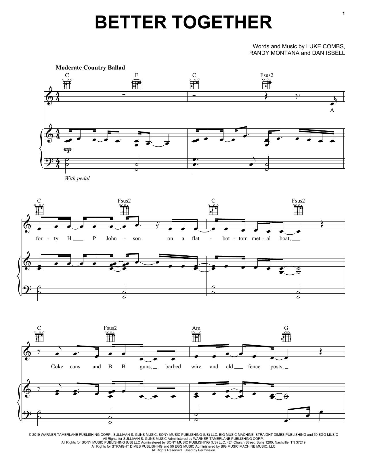 Luke Combs Better Together sheet music notes and chords arranged for Piano, Vocal & Guitar Chords (Right-Hand Melody)