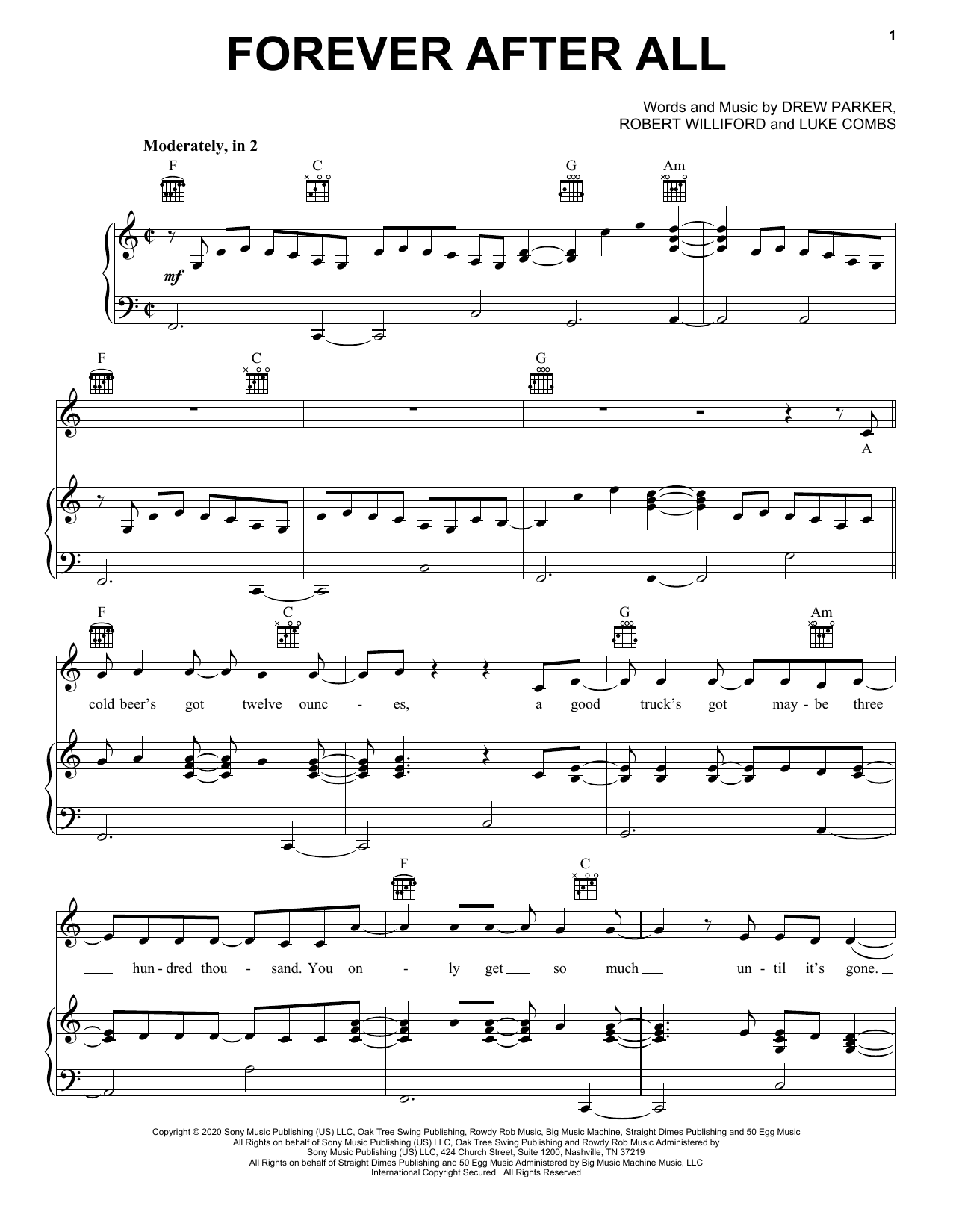 Luke Combs Forever After All sheet music notes and chords arranged for Piano, Vocal & Guitar Chords (Right-Hand Melody)