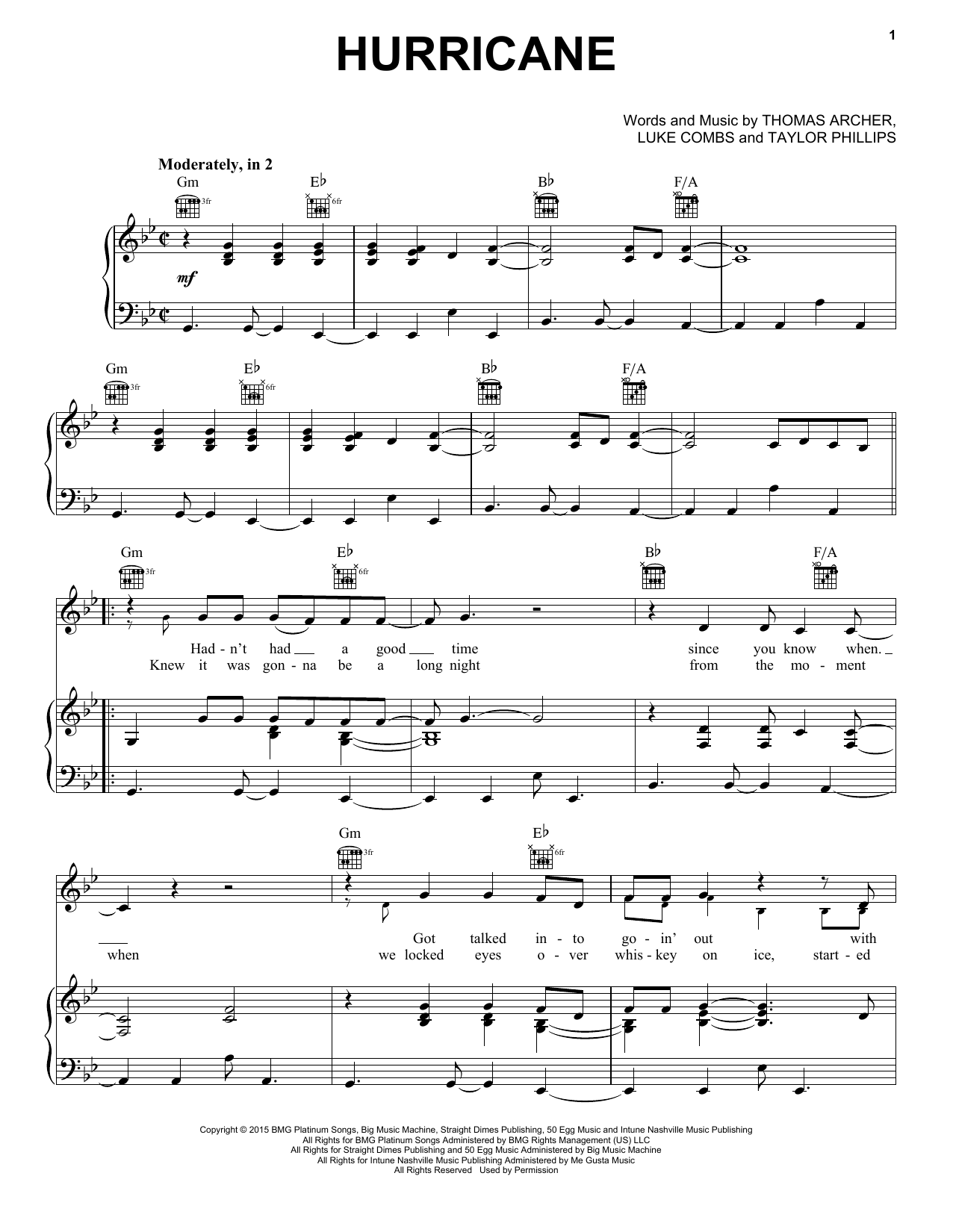 Luke Combs Hurricane sheet music notes and chords arranged for Piano, Vocal & Guitar Chords (Right-Hand Melody)